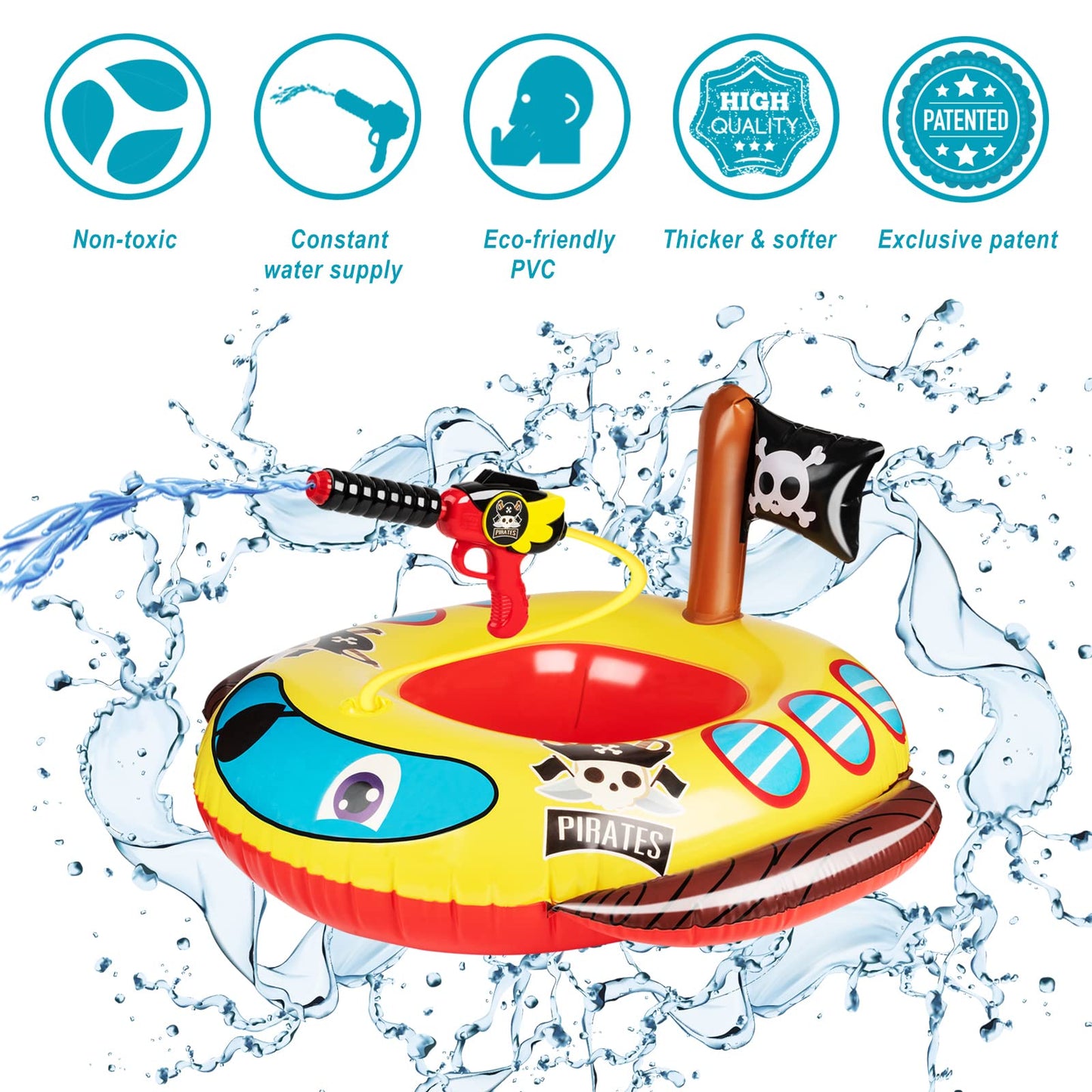 Inflatable Pool Floats Kids with Water Gun, Pirate Ship Pool Floats for Toddlers, Blow Up Pool Toys for Kids Ages 4-8, Summer Fun Boat Shaped Water Toys Swimming Floaties for Boys and Girls