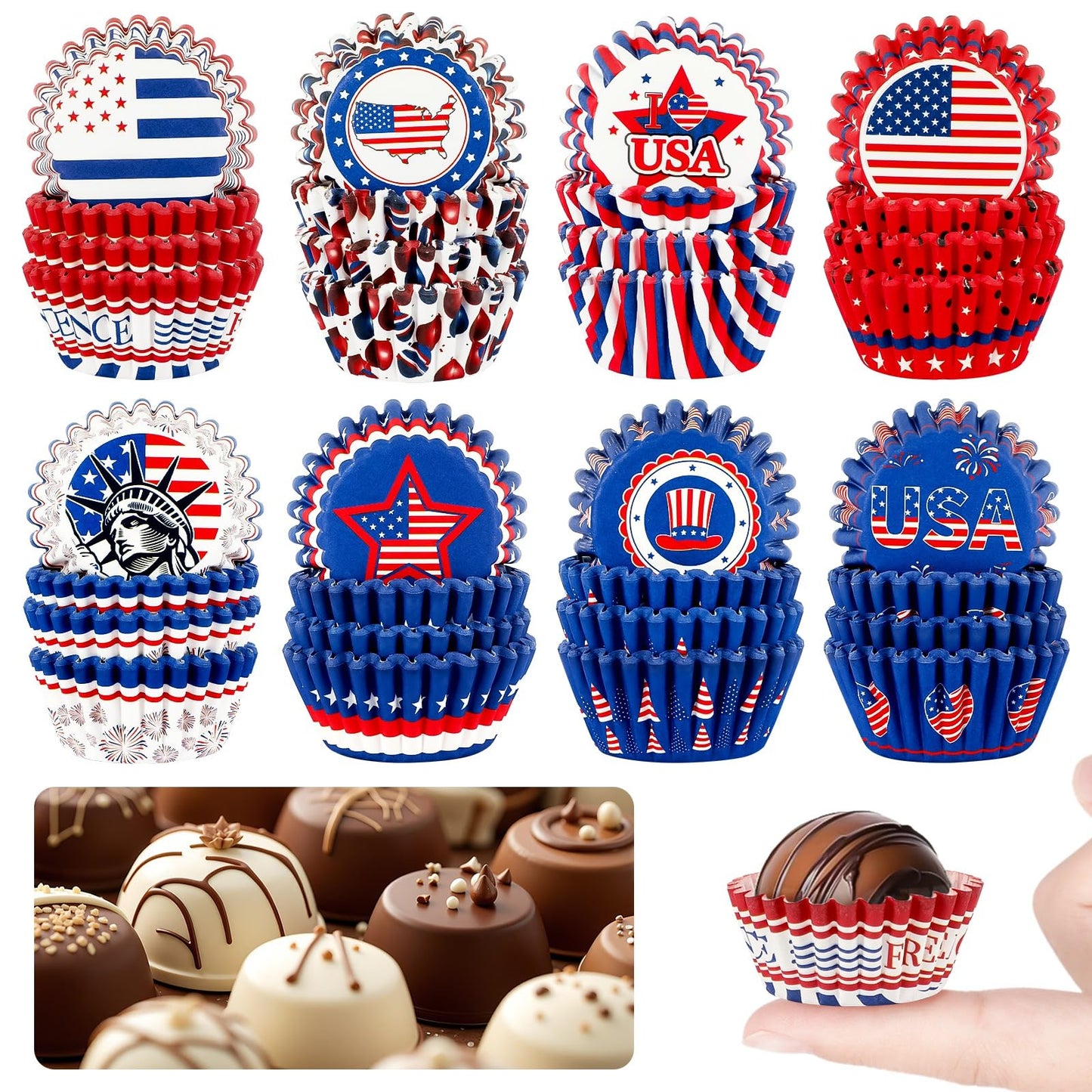 AUGSUN 800pcs 4th of July Mini Cupcake Liners Independence Day Baking Mini Muffin Cupcake Wrappers for Patriotic Holiday Birthday Veterans Party Cake Candy Chocolate Decorations Supplies
