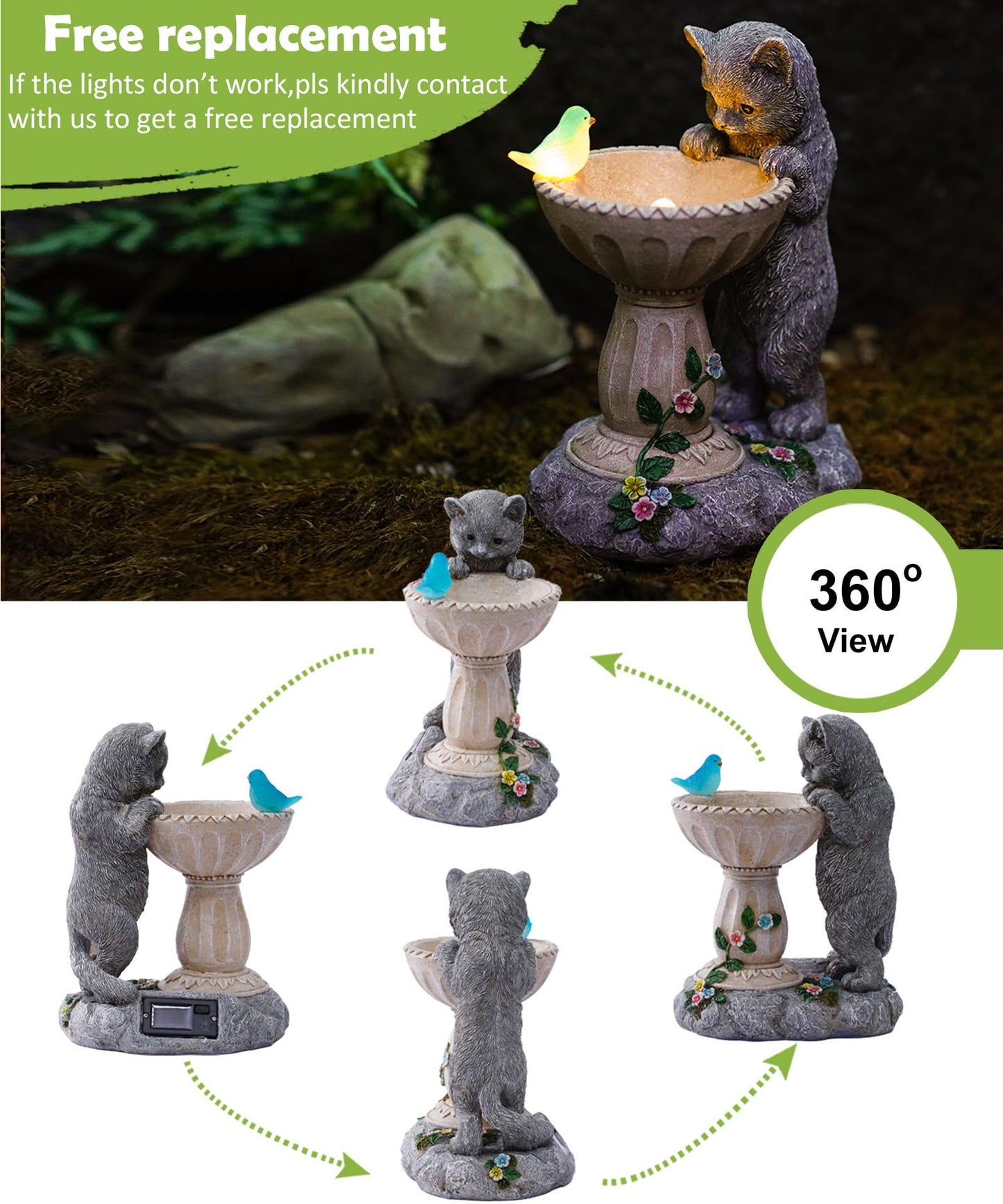 Nacome Solar Cat Statue for Garden Decor: IP44 Weatherproof Resin with Automatic Lighting - No Installation- Outdoor Yard Patio Balcony Art - Birthday Gifts for Bird Lovers Mom Grandma Women