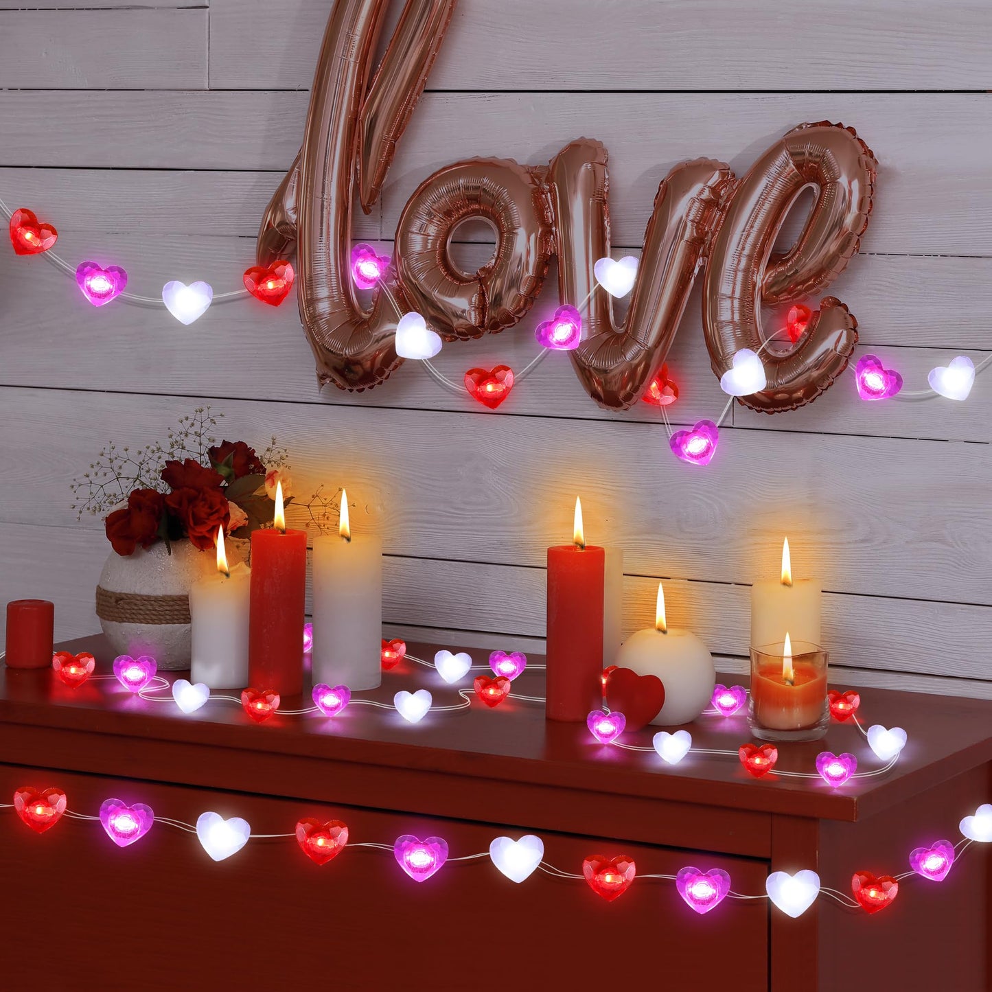 2 Pack Valentines Day Decor 20FT 60 LED Heart Twinkle Fairy Lights Battery Operated, 8 Modes Romantic Red Pink White Heart String Lights Valentines Decorations for Home Party Bedroom Wedding