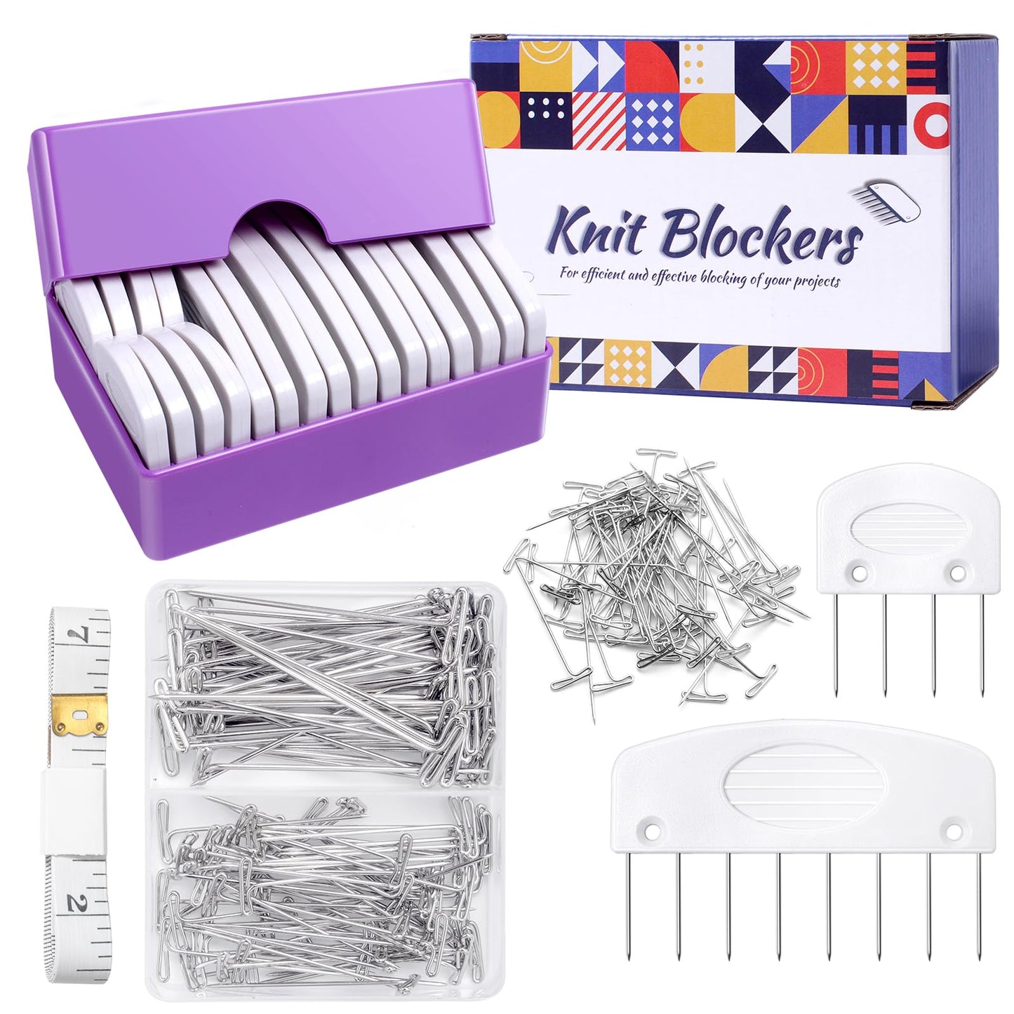 130 Pcs Knit Blockers Kits, Blocking Knit Combs Pins Set for Knitting, Knitting Tools Knitter Crochet, with Flexible Tape Measure Ruler, Silver T-Pins for Sewing Lace or Needlework Projects Device