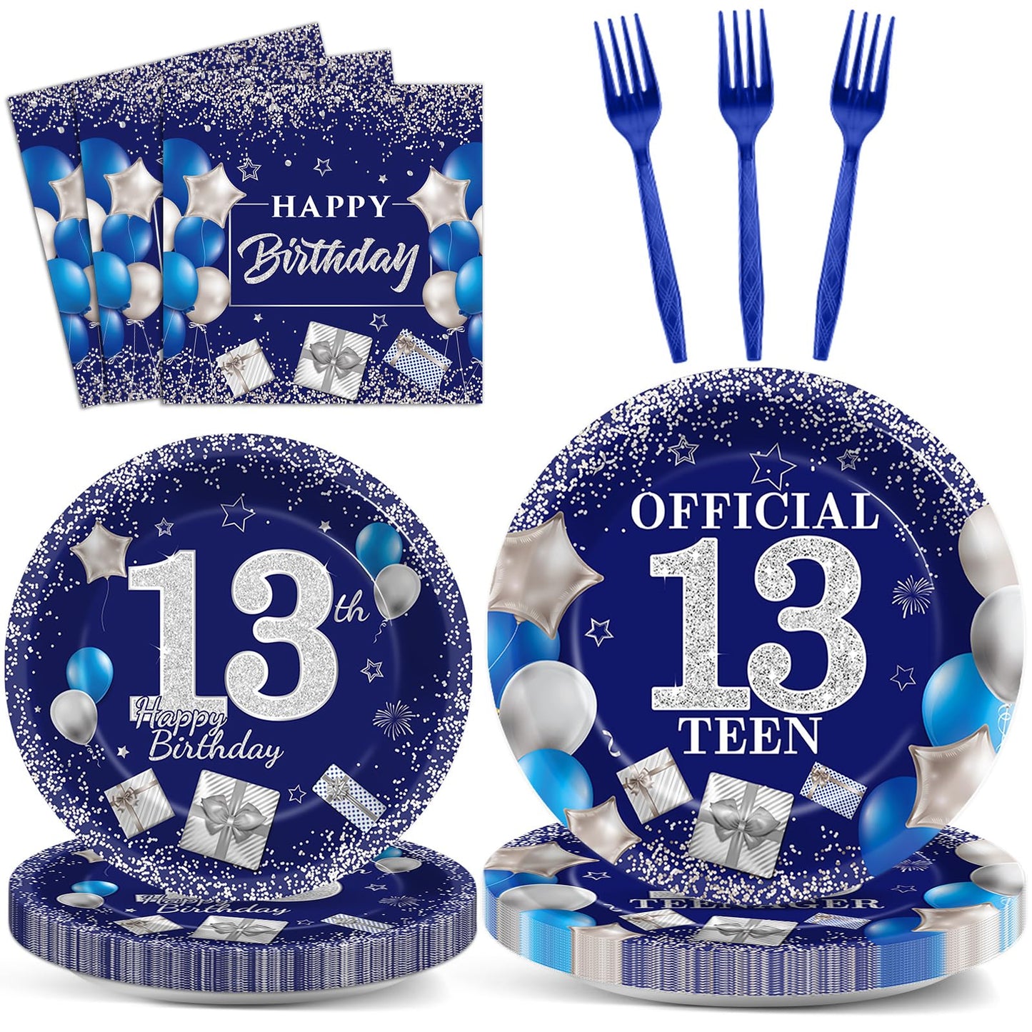 gisgfim 96 PCS 13th Birthday Party Supplies 13th Birthday Plates and Napkins Official Teen 13th Tableware Blue and Silver Dinnerware Set 13 Years Old Party Decorations Favors for Boys Girls Serve 24