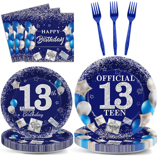 gisgfim 96 PCS 13th Birthday Party Supplies 13th Birthday Plates and Napkins Official Teen 13th Tableware Blue and Silver Dinnerware Set 13 Years Old Party Decorations Favors for Boys Girls Serve 24