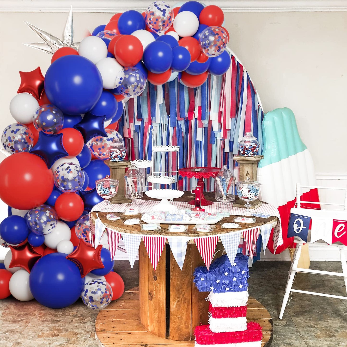 RUBFAC 160pcs Red White and Blue Balloons Garland Arch Kit, 4th of July Balloons Patriotic Decorations, Birthday Wedding Nautical Patriotic Baseball Theme with Star Foil Balloons Decorations