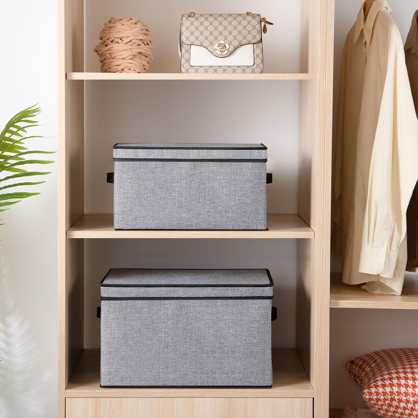 YheenLf Fabric Storage boxes,Storage Baskets for Shelves with Lids, Fabric Storage Bins with Handles, Decorative Linen Closet Organizers Boxes,Small, Gray, 1-Pack