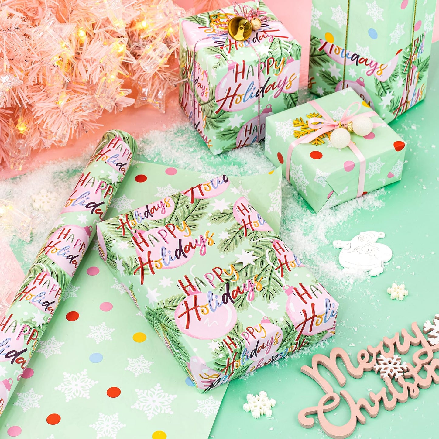 Reversible Christmas Wrapping Paper - Mini Roll - 17 Inch x 33 Feet - Happy Holiday Lettering with Christmas Ball Design for Holiday, Party Celebration