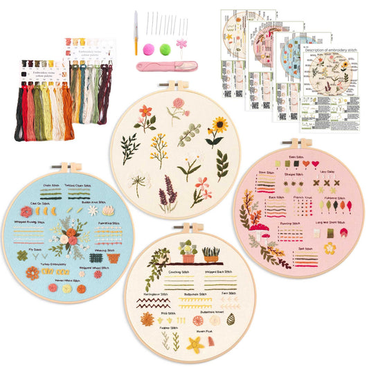 4P Beginner Embroidery Kit,Natural Landscape Pattern,Cross Stitch Kits, Including Stamped Embroidery Cloth with 2 Embroidery Hoops, Multicolor Color Threads for Embroidery Kits