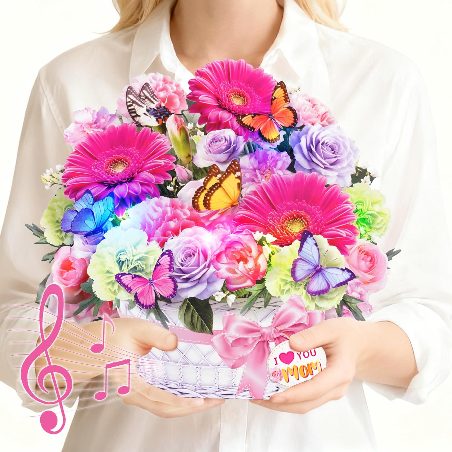 MZD8391 Mothers Day Card with Music & Lights, 3D Pop Up Mother's Day Cards, Gerbera Daisy & Butterfly, 10 Inch Forever Flower Bouquet Birthday Gift for Wife, Women, Mom