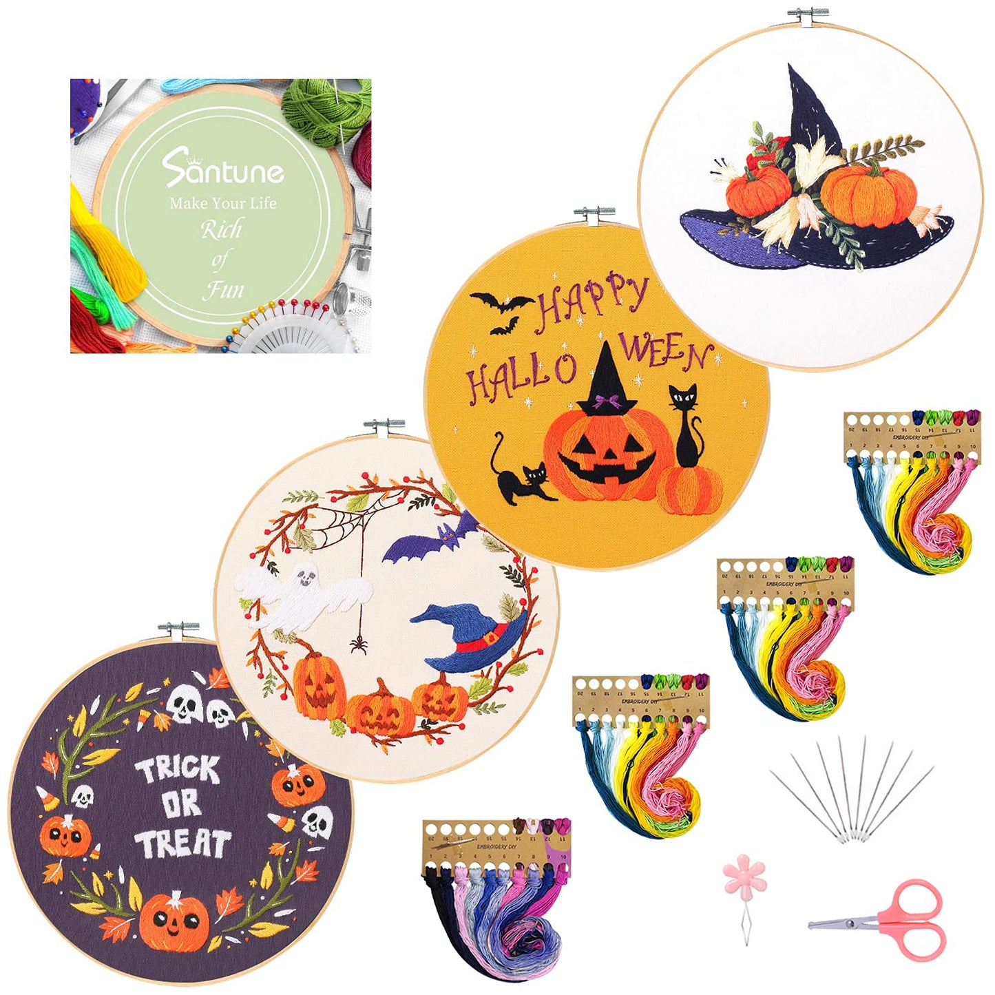Santune 4-Pack Halloween Embroidery Kit Cross Stitch Kits for Beginners DIY Needlepoint Kit with 4 Embroidery Clothes Featuring Pumpkin Patterns,2 Hoops,Color Threads,Needles
