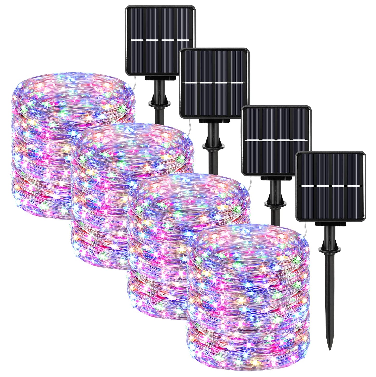 Extra-Long 288FT 800LED Solar Fairy String Lights, 4-Pack 72FT 200 LED Outdoor Twinkle Lights Waterproof, 8 Lighting Modes, Multicolor Silver Wire Lights for Deck Backyard Tree Garden Fence Pool Party