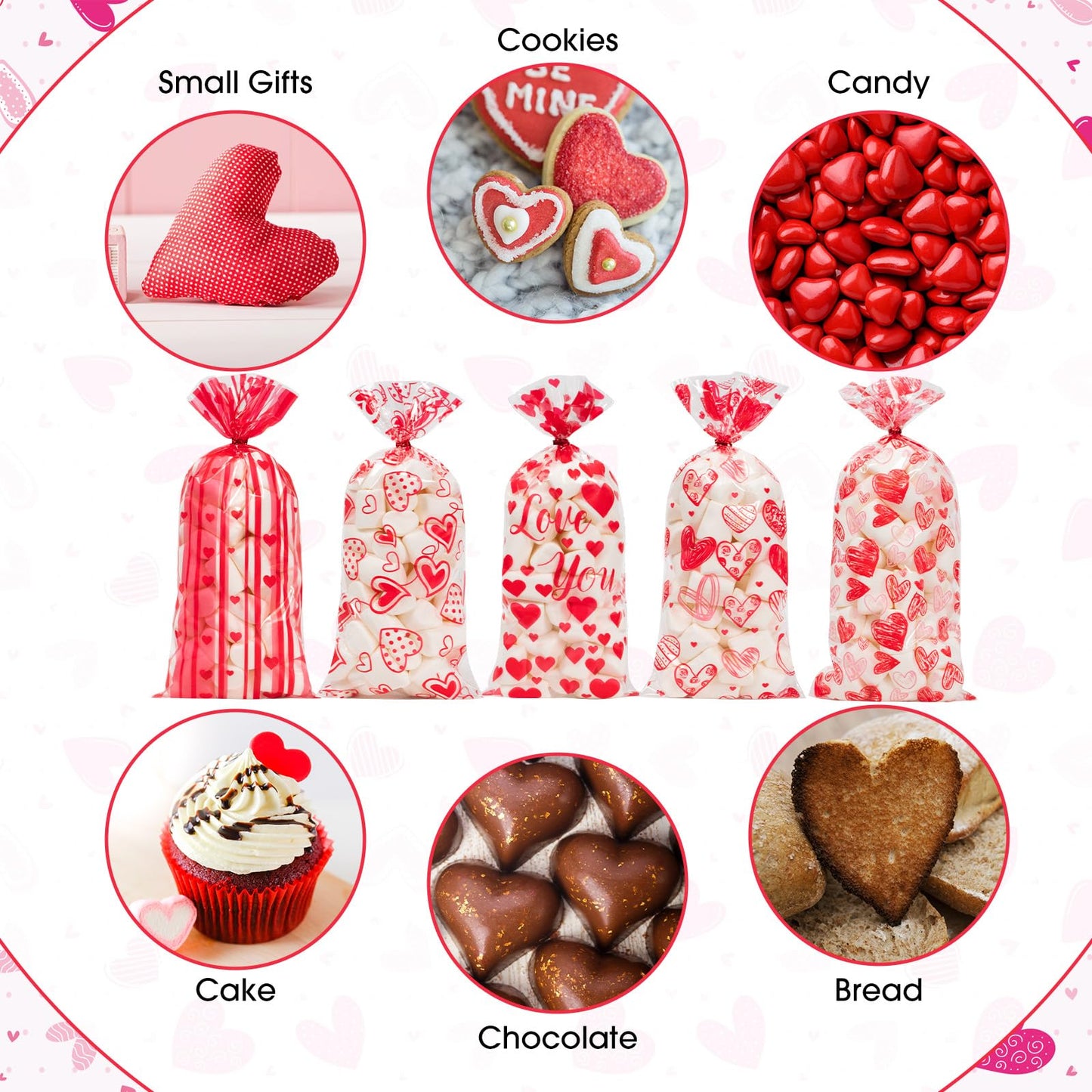 100 Pcs Valentine Treat Bags - Red Heart Cellophane Goodie Bags, Clear Plastic Happy Valentine's Day Cello Candy Gift Bag With Twist Ties for Wedding Anniversary Party Favors Supplies