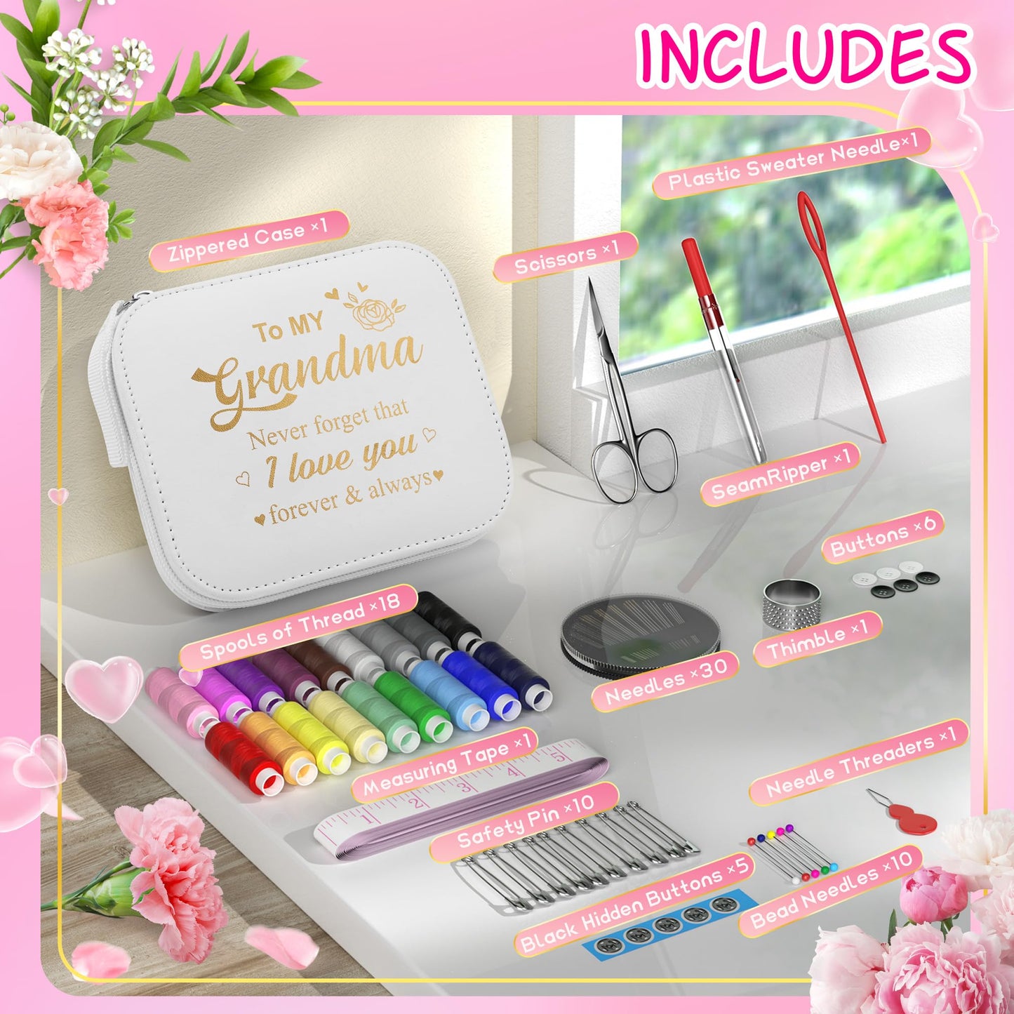 Sewing Kit Mothers Day Gifts for Grandma Women Nana, Sewing kit Small Portable Sewing Supplies Accessories with Carrying Case Contains Thread, Needle, Scissors, Measure Tape, Thimble