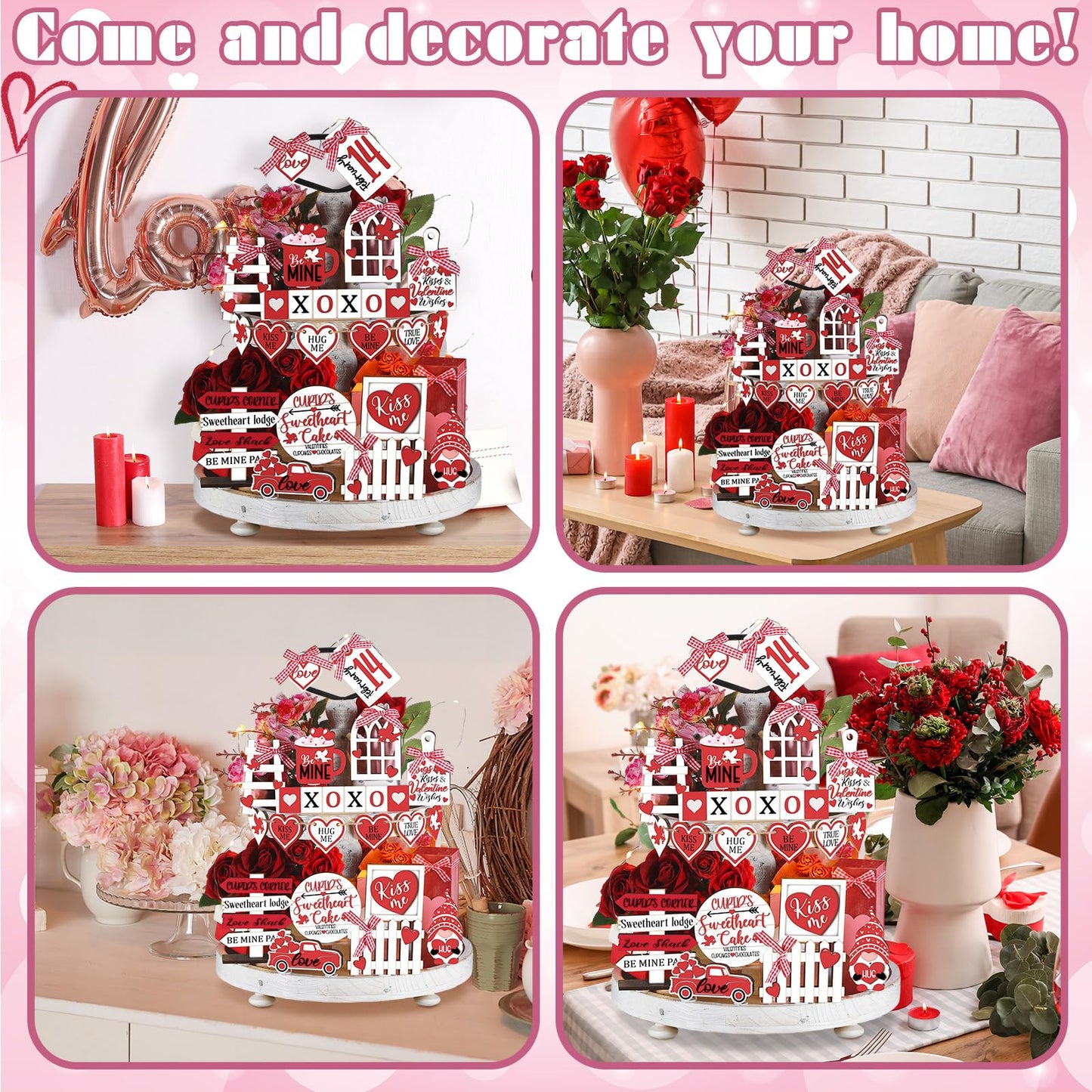 24 Pcs Valentine's Day Tiered Tray Decorations Farmhouse Gnome Heart Wooden (Tray not included)