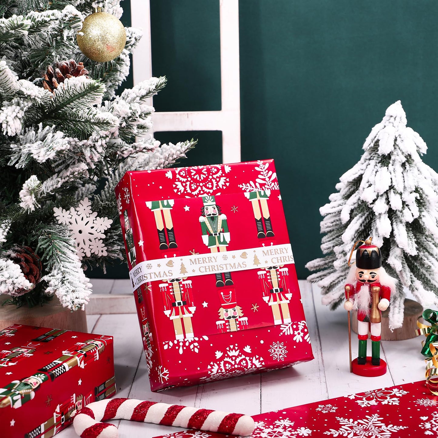 Reversible Nutcracker Christmas Wrapping Paper - Mini Roll - 17 Inch x 33 Feet - Red Nutcracker and Snowflake Wrapping Paper for Christmas, Holiday, Party