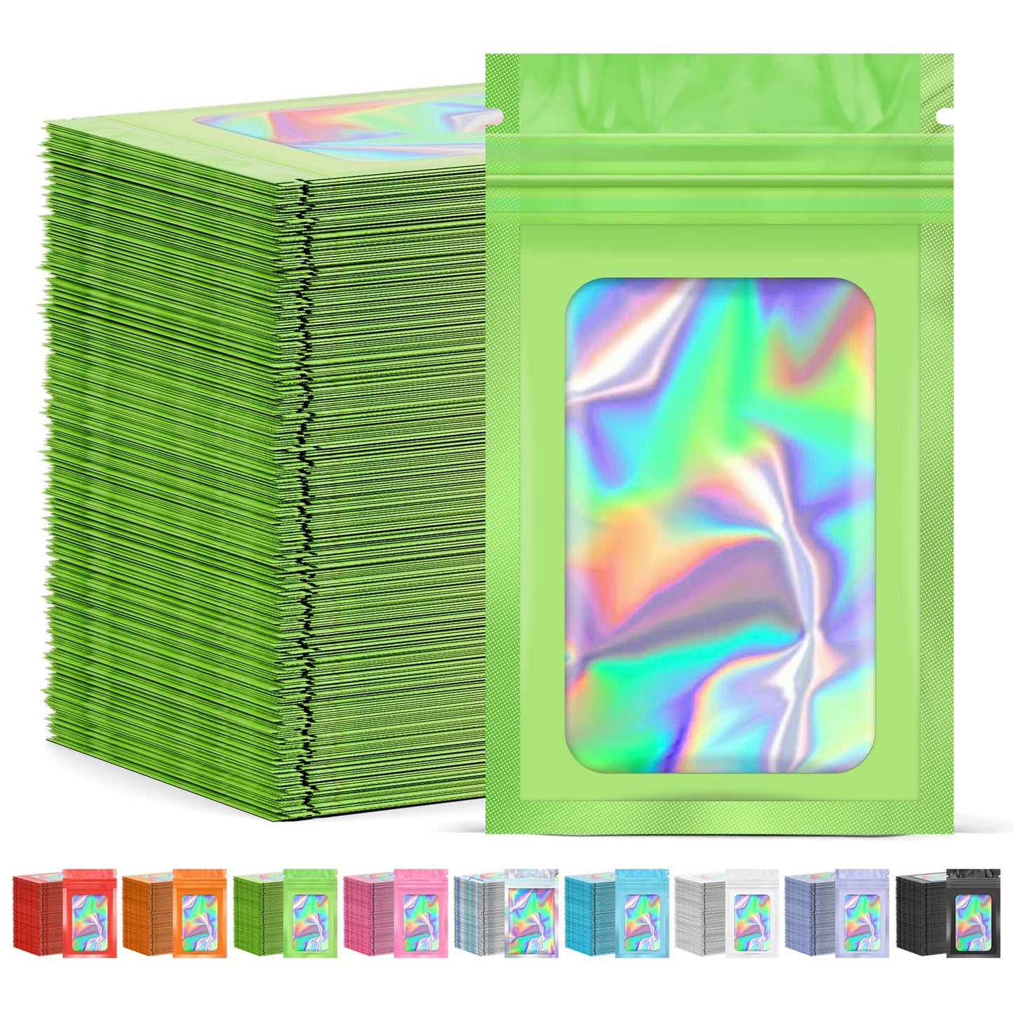 JETMORE 300 Pcs Mylar Bags, Smell Proof Bags Foil Pouch, Holographic Resealable Bags for Small Business, Candy Sample Jewelry Bag Sealable Packaging for Party Favor Food Storage (2.4x3.9in-Green)