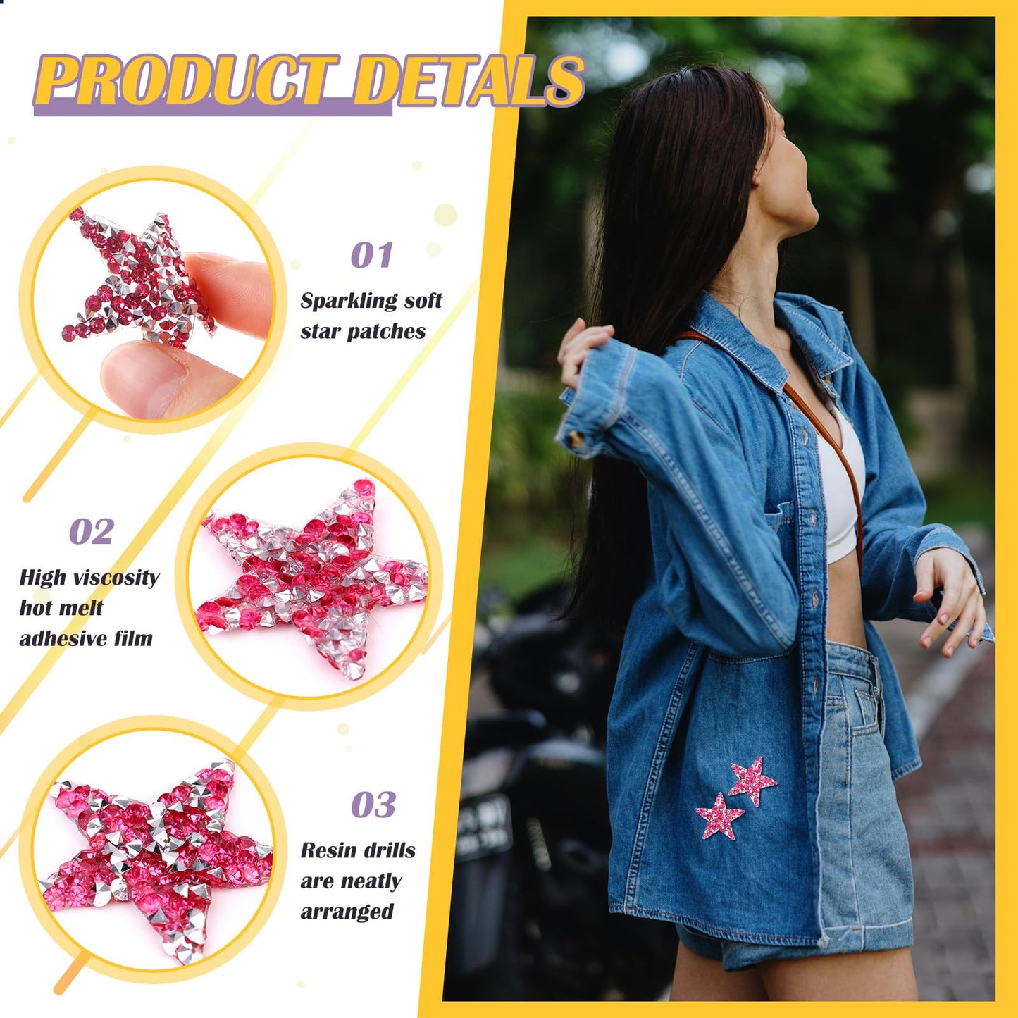 Syhood 24 Pcs Star Patches Iron on Rhinestone Adhesive Sequin Glitter Star Patches Appliques for Graduation Holiday Wedding Clothing Jeans Repair Decors(1.57 Inch,Deep Rose Red)