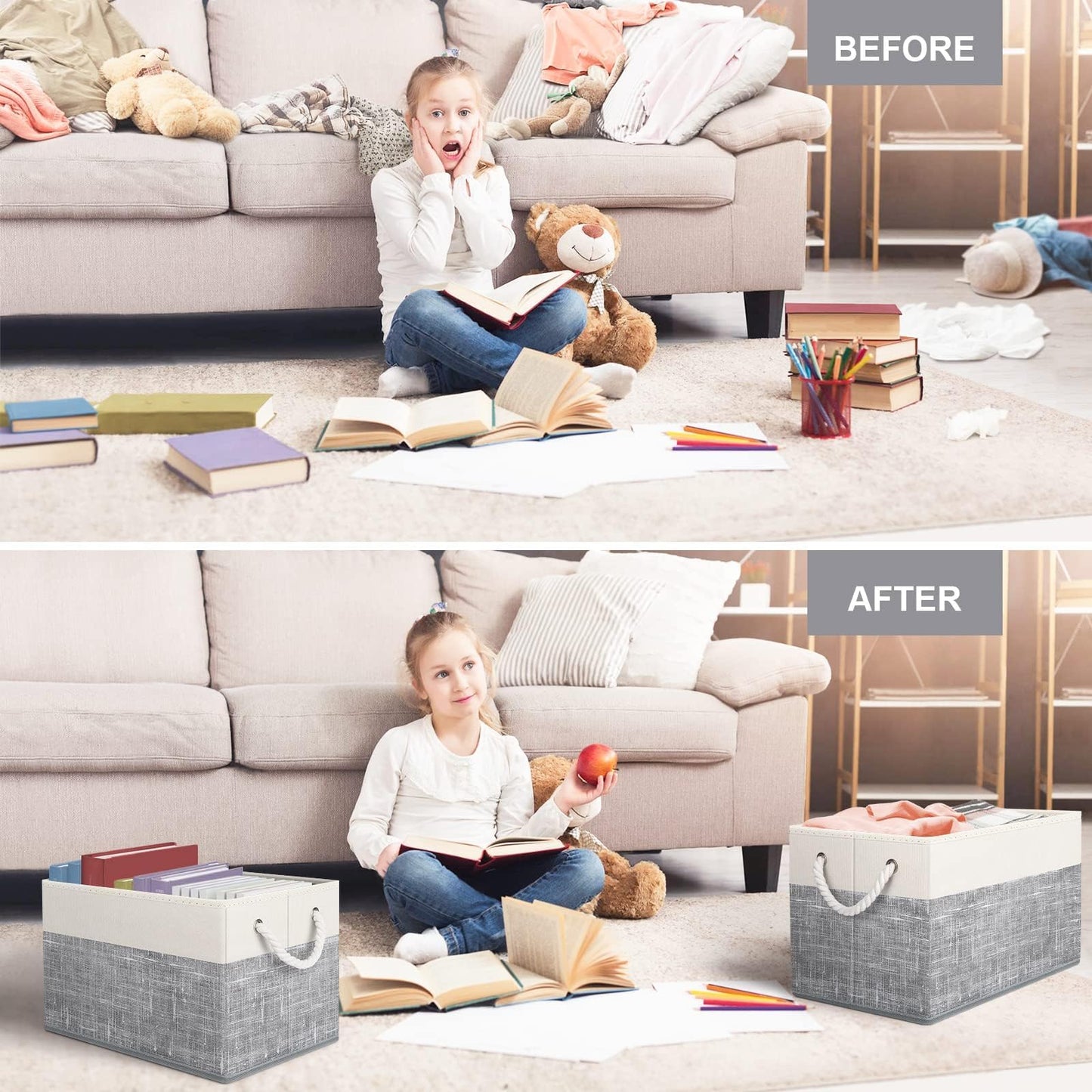 Fab totes Storage Bins [3-Pack], Foldable Storage Baskets for Organizing Toys, Books, Shelves, Closet, Large Storage Box with Rope Handles, Sturdy Organizer Bins, White & Grey