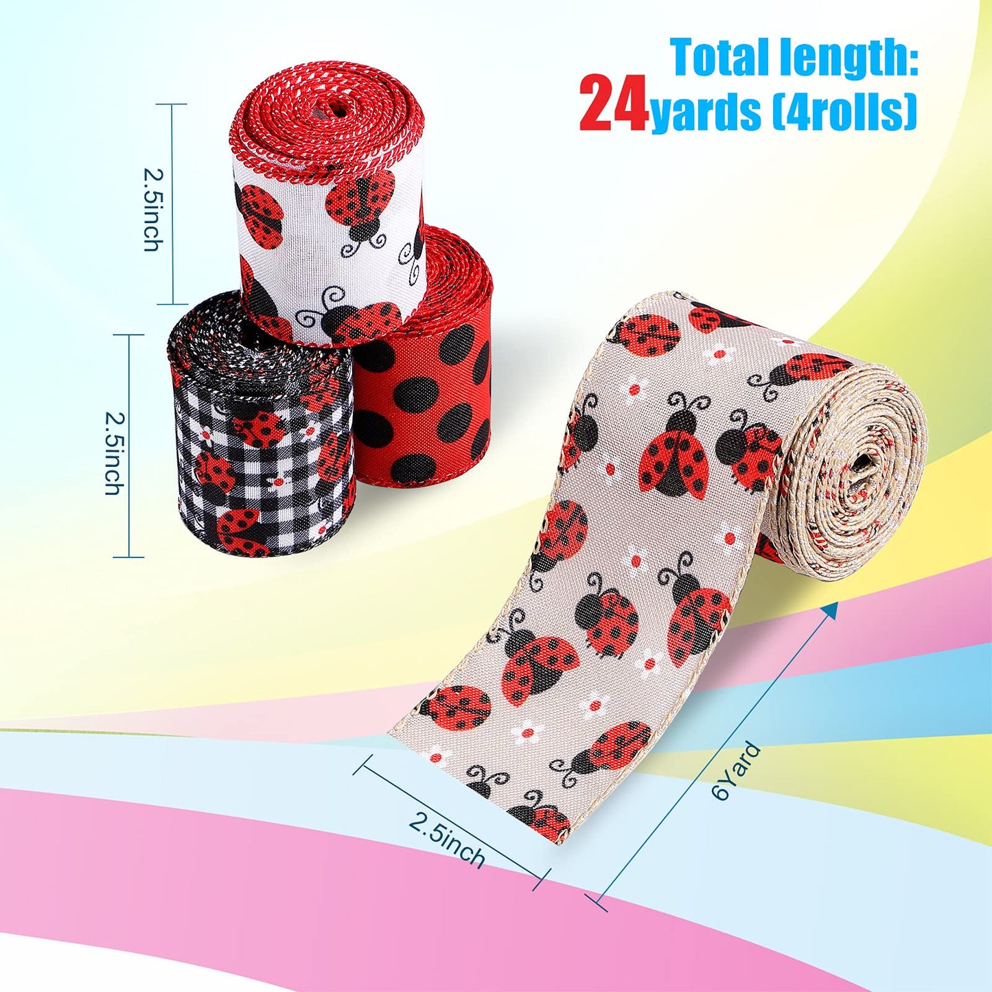 WILLBOND 4 Rolls 2.5 Inch x 24 Yard Ladybugs Ribbons Ladybug Wired Ribbon Red Polka Dot Wired Edge Ribbon for Ladybug Party Decoration