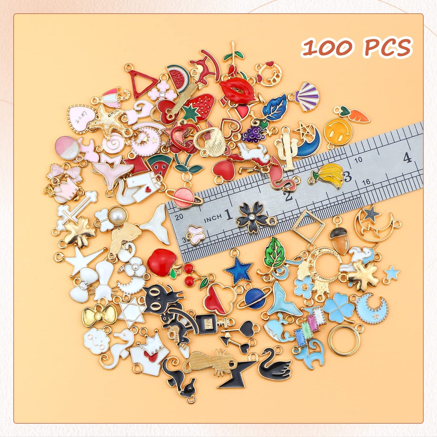 100PCS Gold Plated Enamel Charms Mixed Moon Star Fruit Animal Charm Colorful Pendant DIY for Necklace Bracelet Jewelry Making and Crafting