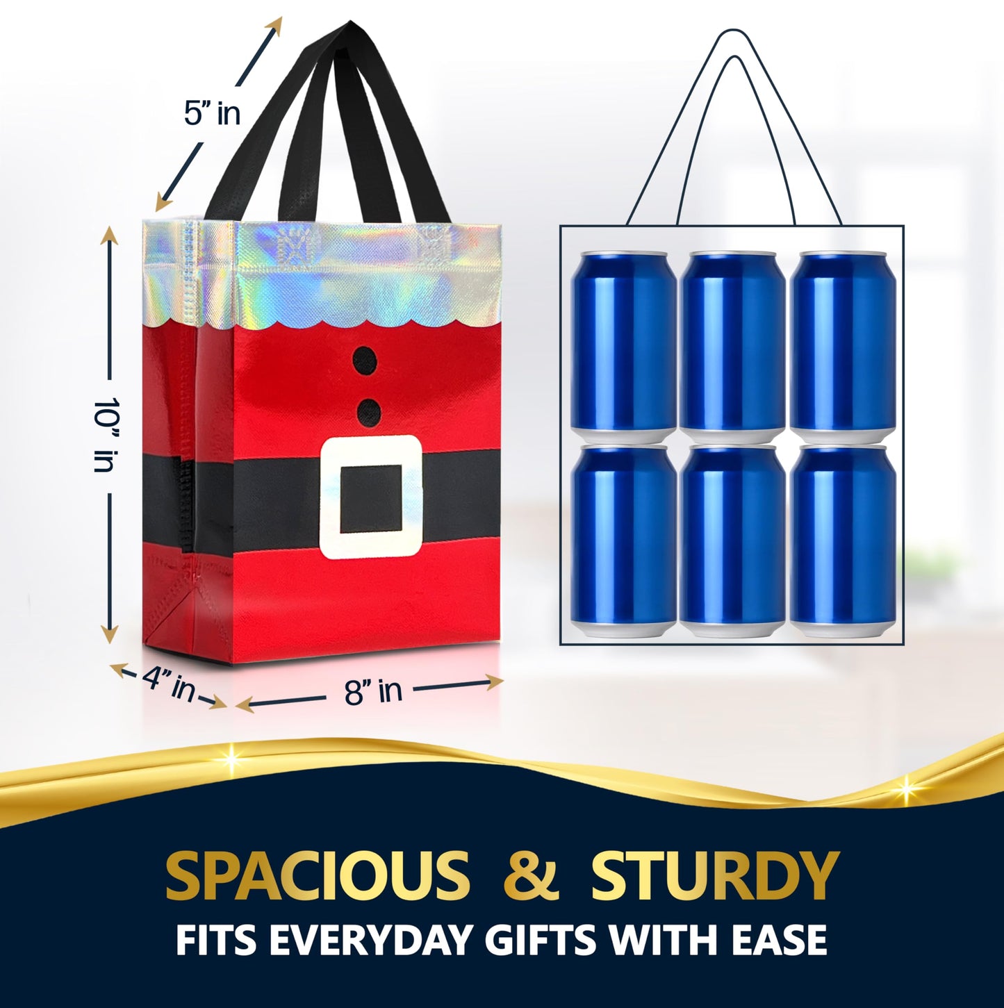 Nush Nush 12 Christmas Gift Bags Medium Size – Reusable Christmas Bags for Gifts With Handles and Holographic Santa Design - Perfect for Holiday Gifts, Presents,Goodies, Xmas Party Favors - 8 x4 x 10