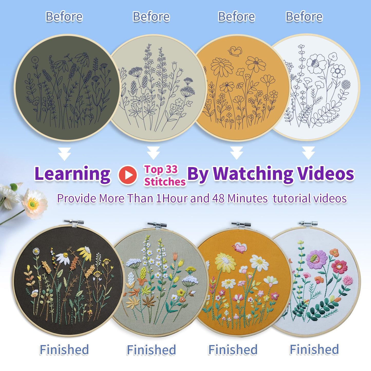 ETSPIL Embroidery Kit for Adults & Teens, 4-Pack Floral Samplers, 2 Adjustable Hoops, Pre-Printed Fabric, 17 Vibrant Threads, 16 Needles, Beginner-Friendly Stitch Guide & Video, DIY Craft Gift