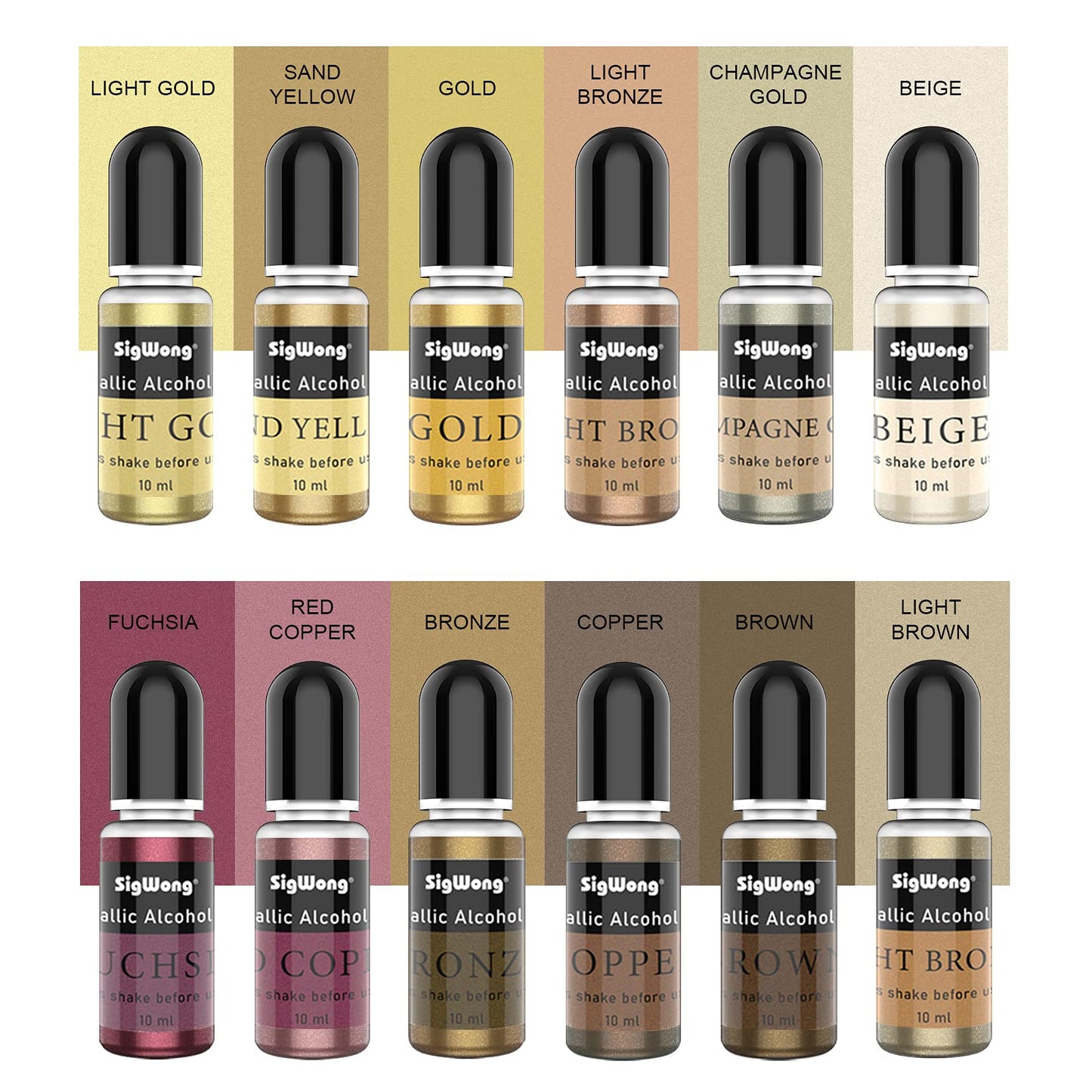 SigWong Metallic Alcohol Ink Set - 24 Colors, 10ml Each, Shimmer Mixatives for Resin, Yupo, Coaster, Painting, Tumbler Cup Making