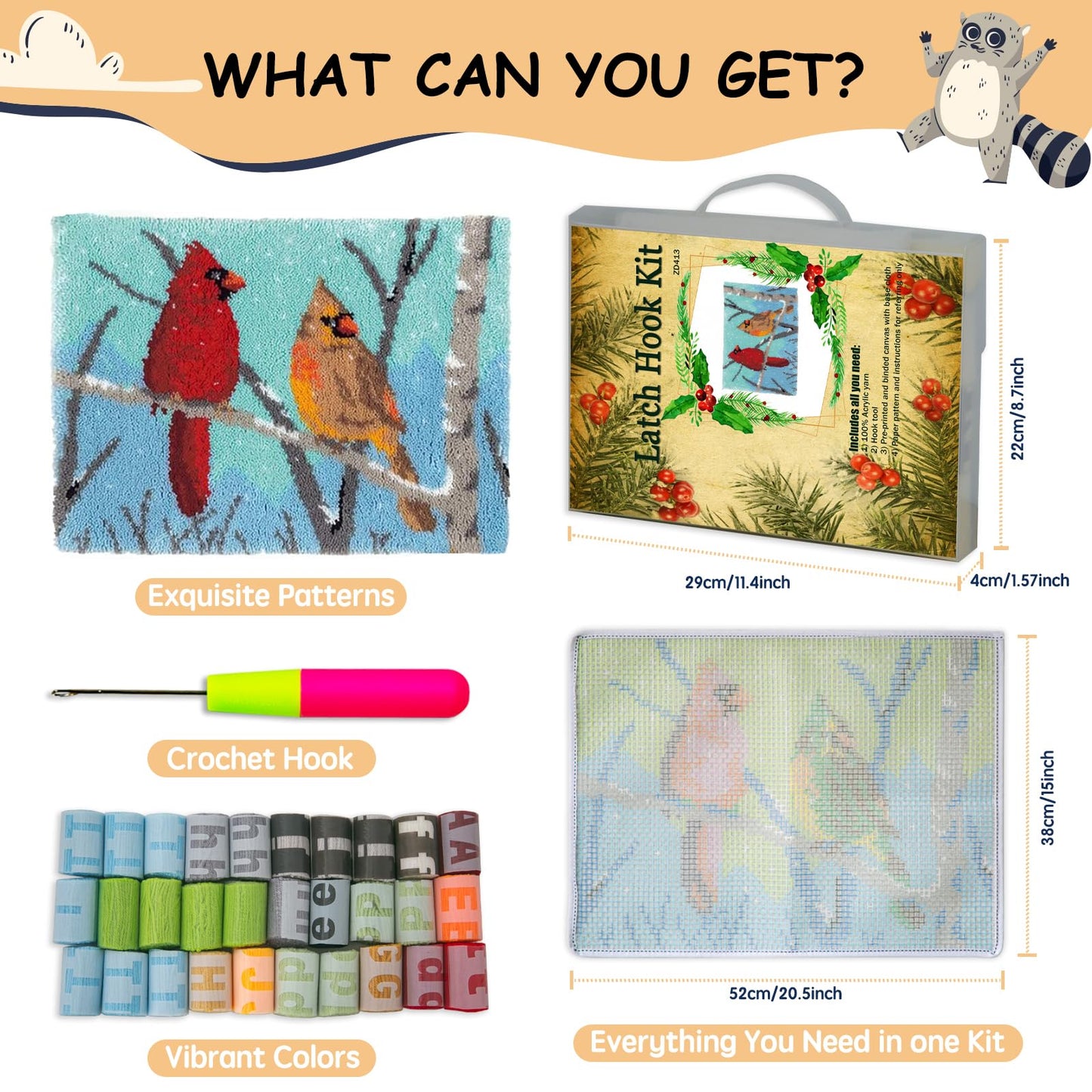 Latch Hook Kits Rug, Cardinal Crocheting Carpet Rug with Printed Canvas for Kids Adults Beginners, 20.5X15 Inch 2 - Cardinal