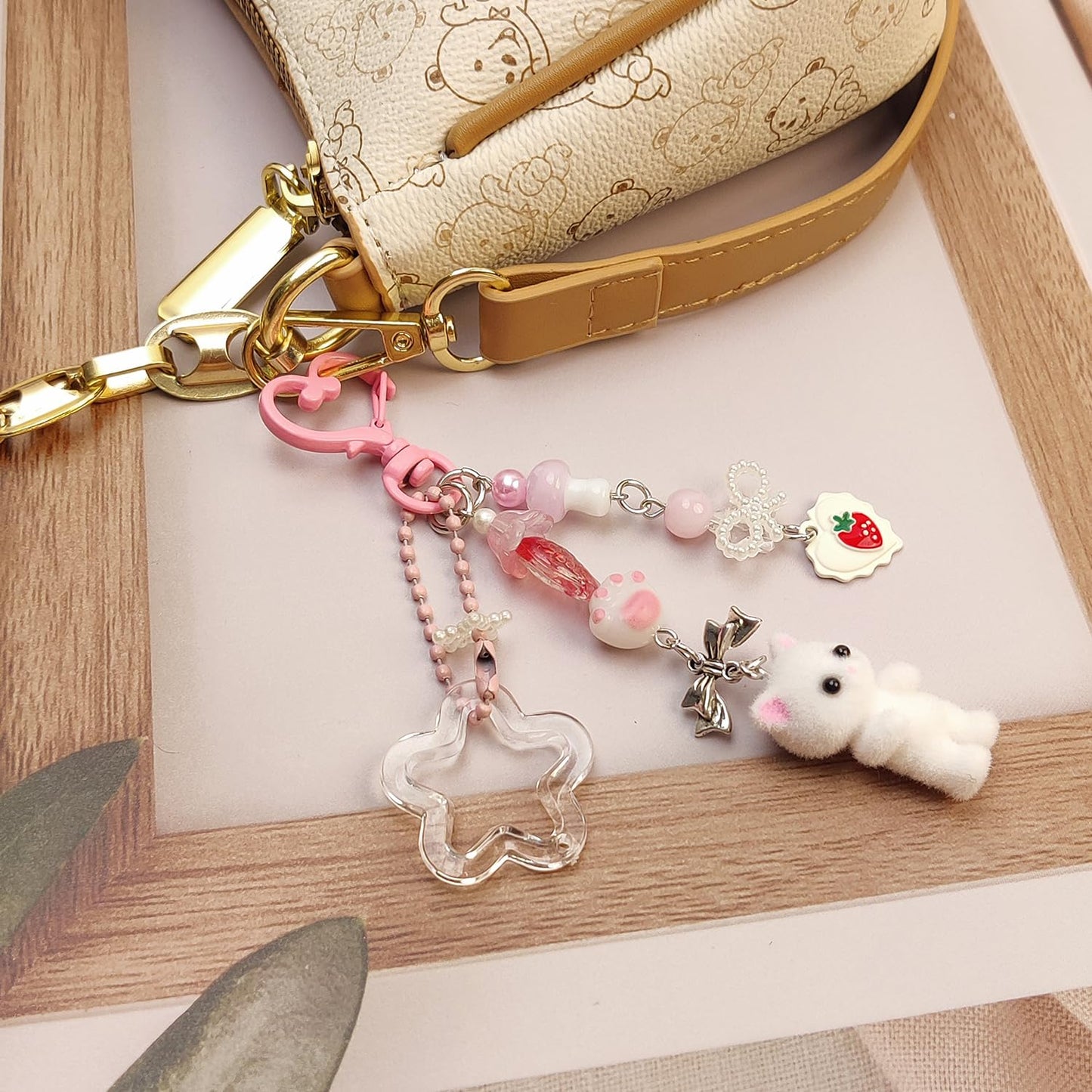 Nalefow Cute Pink Keychain, Fuzzy Cat Keychain Aesthetic Y2K KeychainCharms Stylish KeychainsAccessories for Bag Charms Purse Gifts (1PCS Pink White Cat)