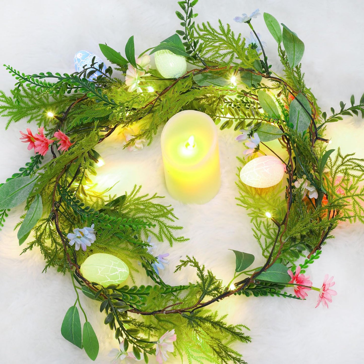 6.7FT Easter Lighted Garland,Artificial Spring Vine Branche with Easter Egg Berries Flower for Mantle Fireplace Home Table Party Decoration