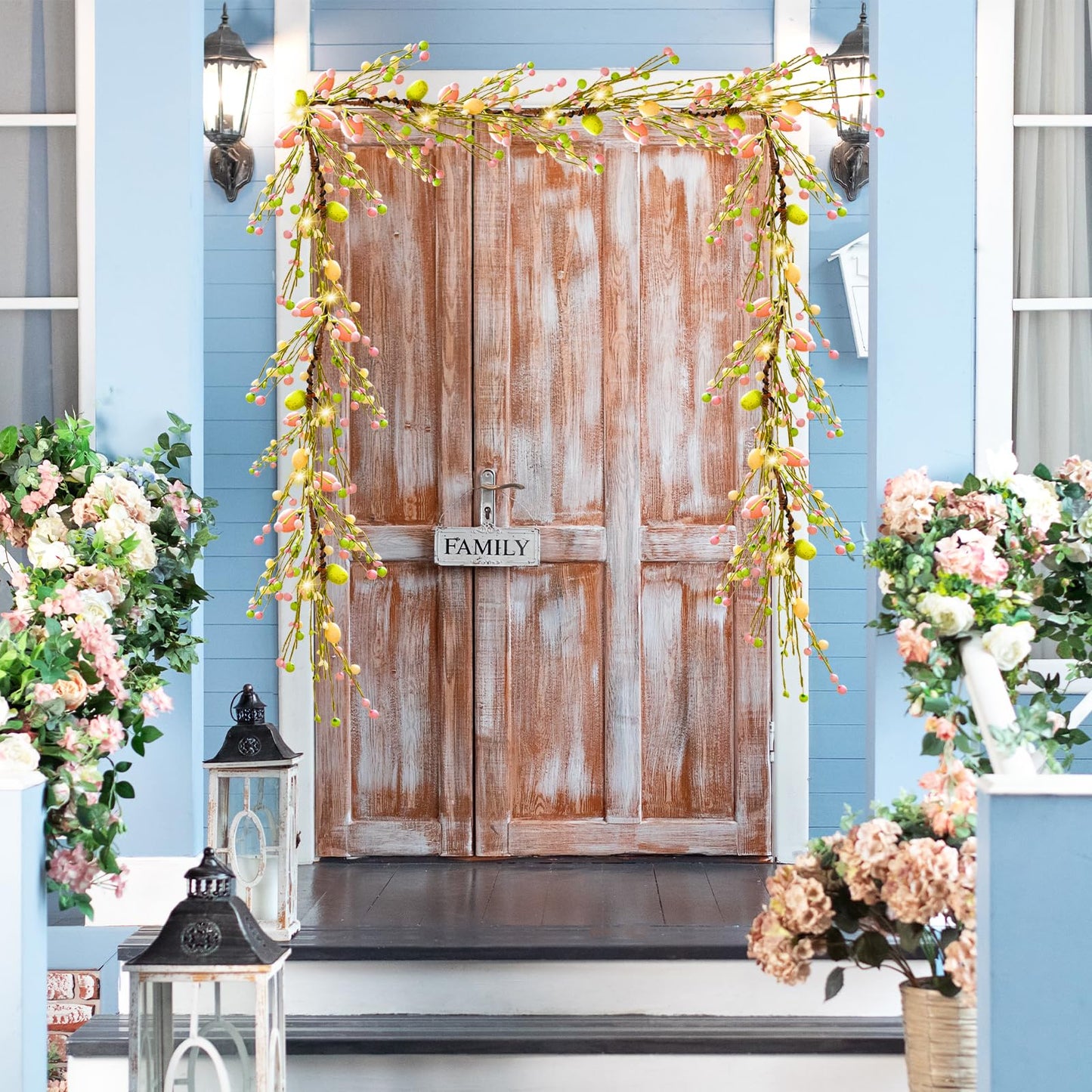 6.6 FT Lighted Easter Garland with Egg and Mixed Berry, Artificial Spring Garlands with Timer, Easter Decorations Pre-lit with 18 LED Lights, Pastel Garland for Mantle Doorway