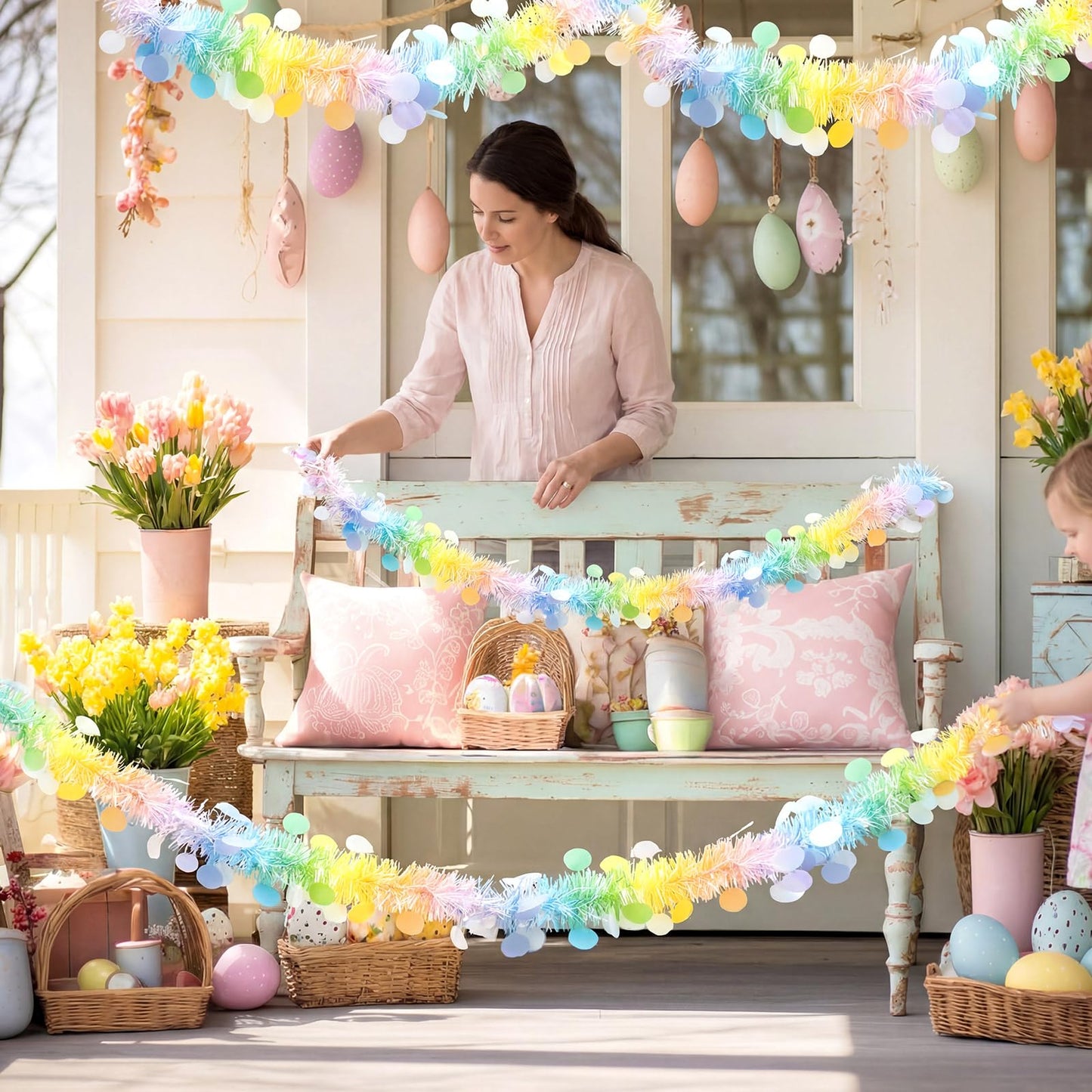3 Pcs 49 ft Tinsel Garland Decorations Metallic Festooning Garland Glittering Sparkling for Mardi Gras Party Carnival Indoor Outdoor Hanging (Pastel Pink, Blue, Yellow, Easter)