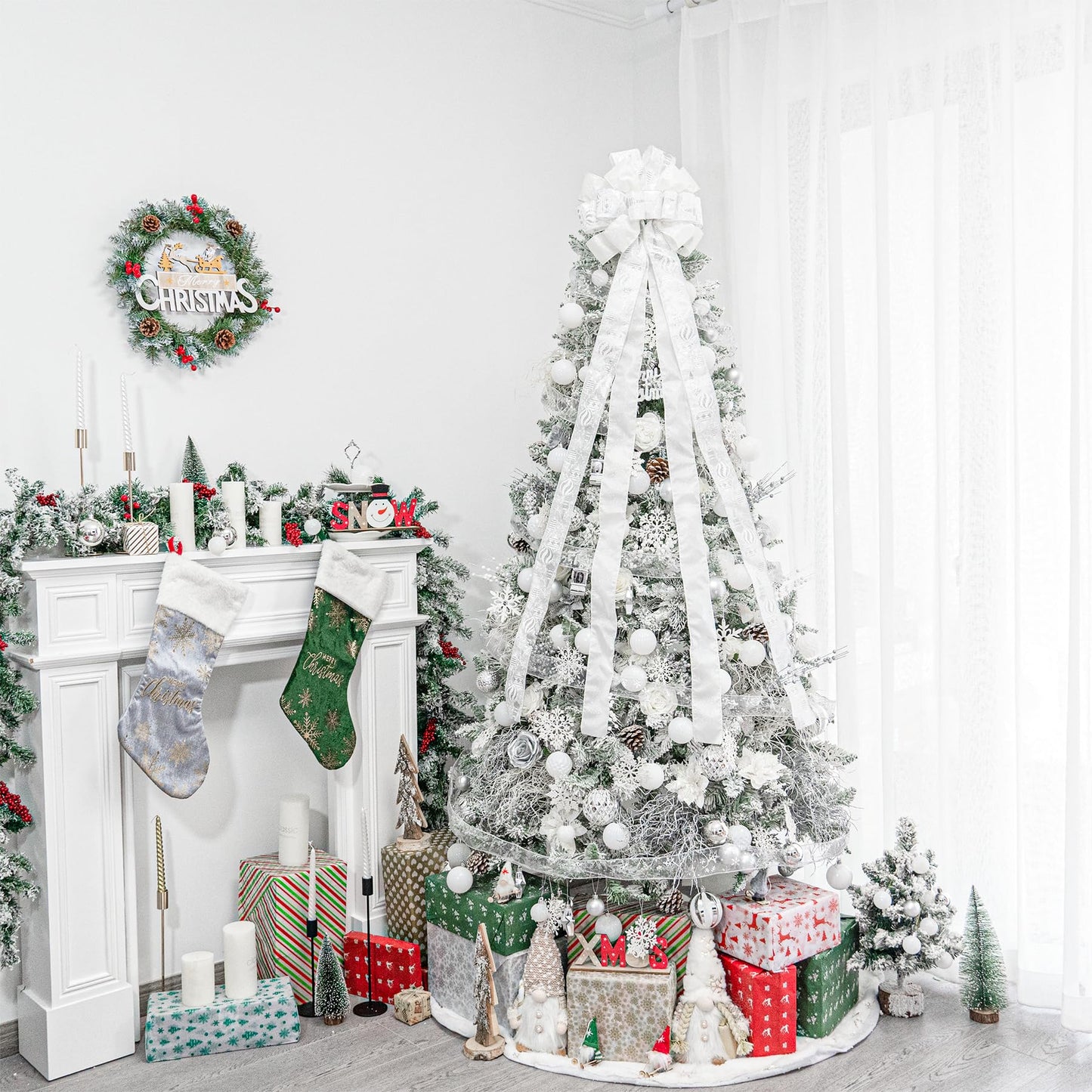 Hismir Christmas Tree Topper Bow，53x13 Inches Large Christmas Bow with Glitter Streamer and Patterned Ribbon，Decorative Bows for Xmas Tree Wreath Door Festival Home Decor(White)