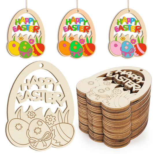 Wooden Easter Ornaments to Paint Spring Decoration Happy Easter Cutouts Unfinished 24PCS 3.5 inches, DIY Blank Unfinished Christmas Tree Wood Discs Ornament for Home Crafts Hanging