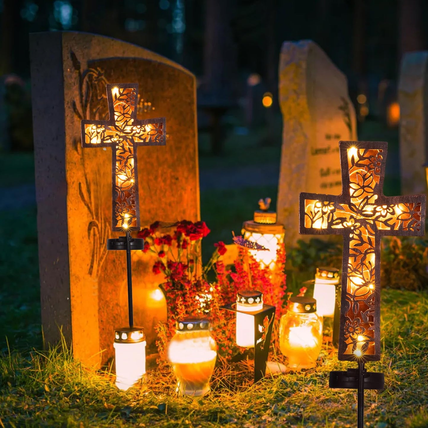 Solar Cross Garden Stake Lights 38inch Metal Outdoor Waterproof Memorial Garden Decor 2 Lighting Modes Cemetery Decorations for Grave for Remembrance Gifts & Sympathy Gifts