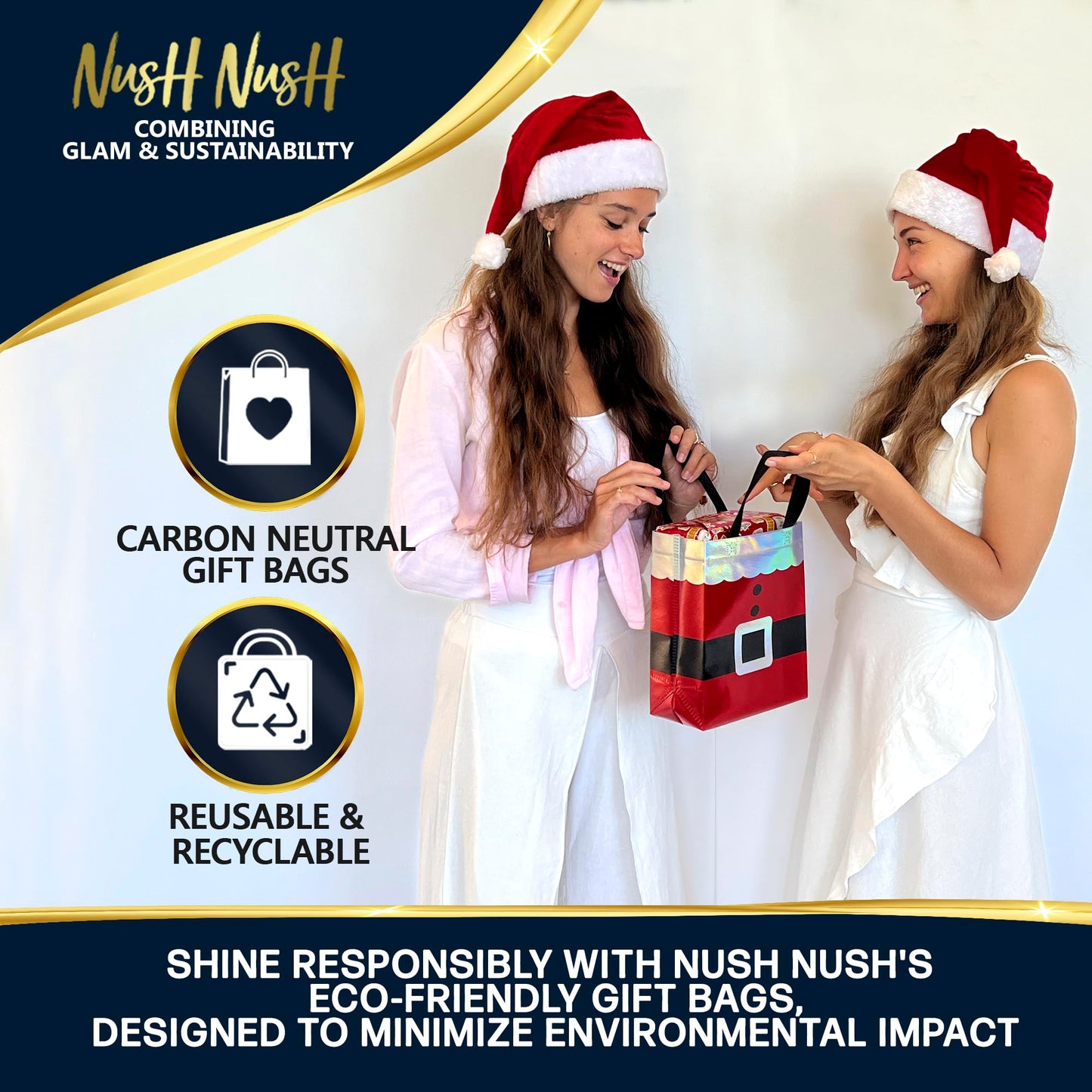 Nush Nush 12 Christmas Gift Bags Medium Size – Reusable Christmas Bags for Gifts With Handles and Holographic Santa Design - Perfect for Holiday Gifts, Presents,Goodies, Xmas Party Favors - 8 x4 x 10