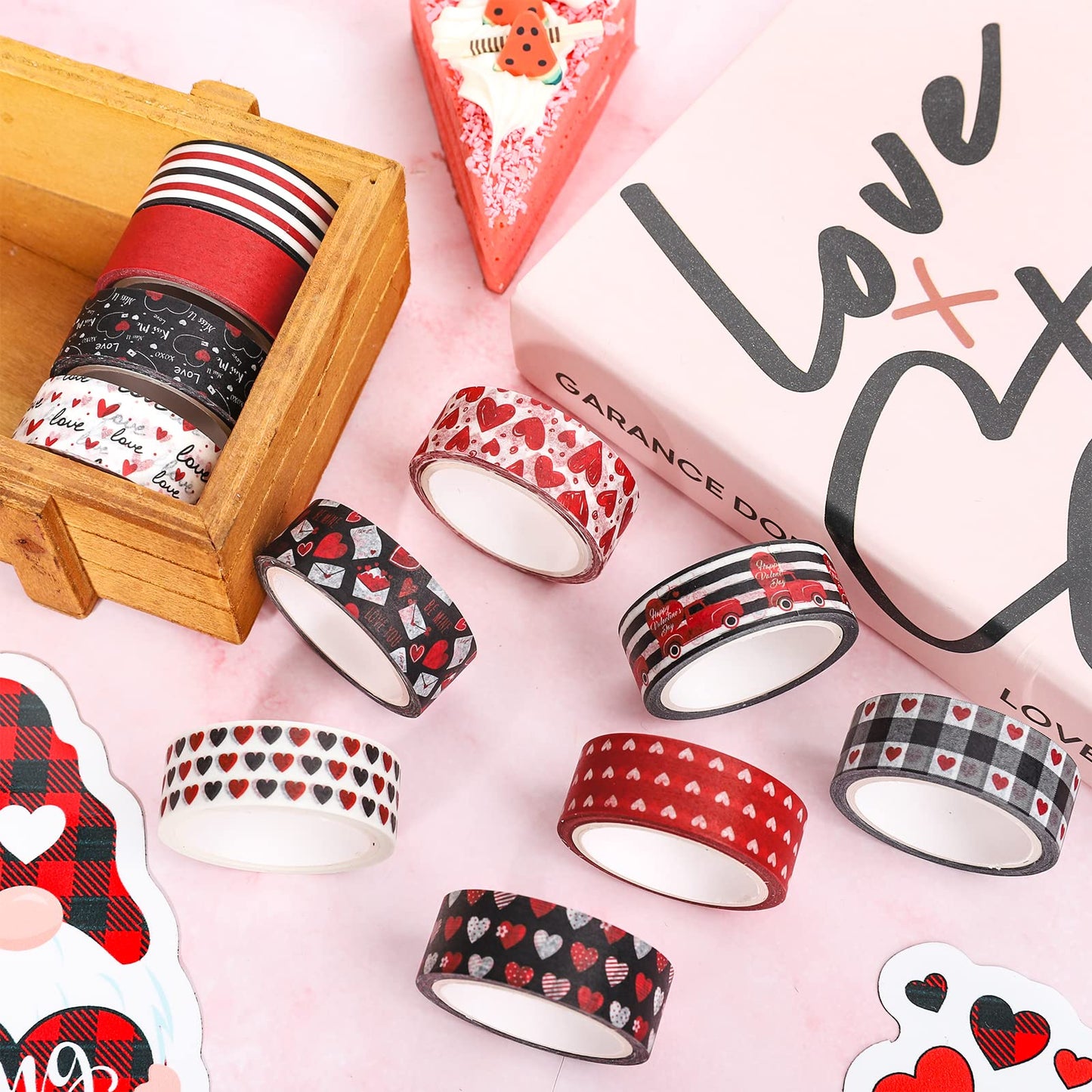 12 Rolls Valentine's Day Washi Tape Red Black Love Heart Truck Plaid Washi Masking Tape for Wedding Scrapbook Journal DIY Craft, 16.4Ft