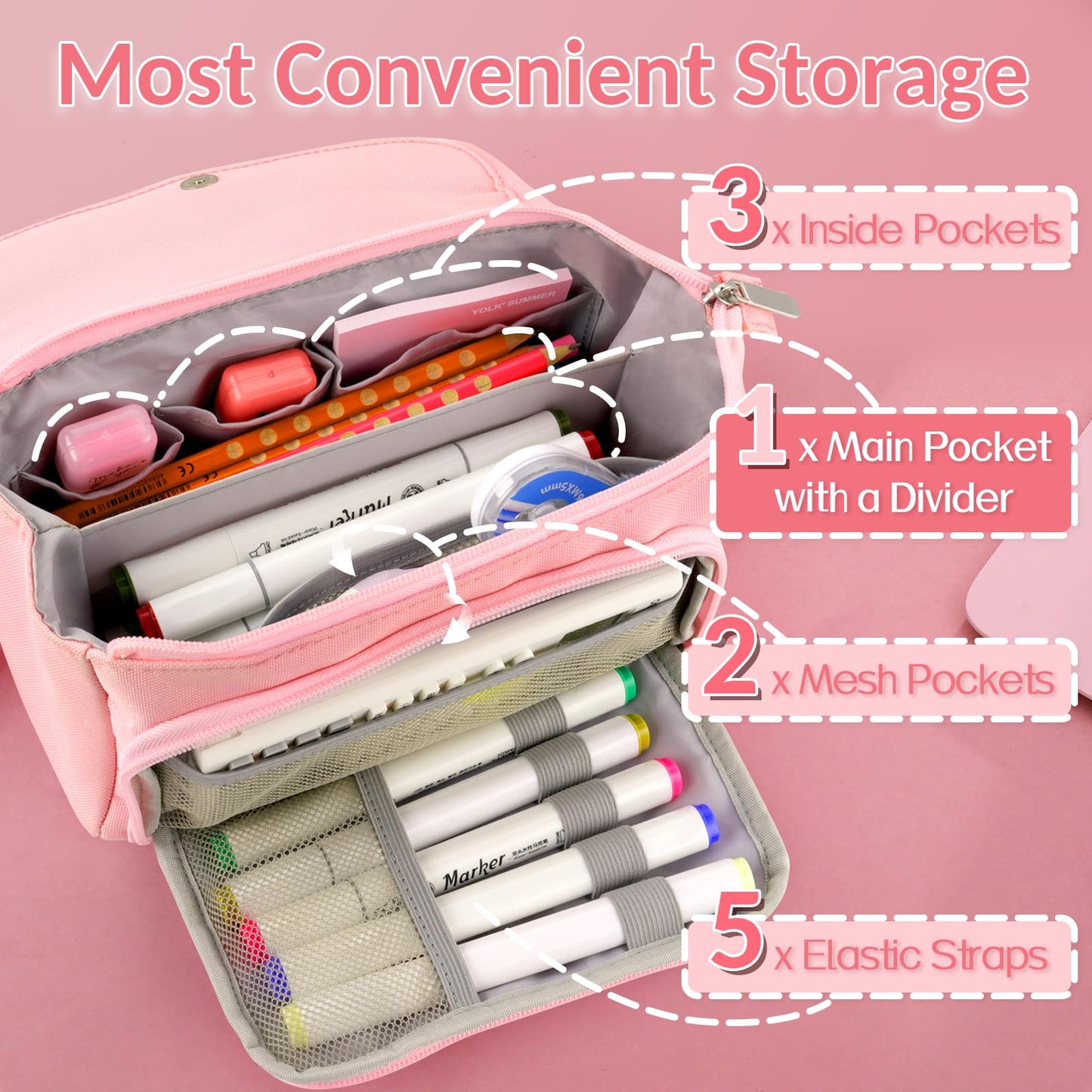 Sooez Super Large Pencil Case, Big Capacity Pencil Bag with 3 Compartments, can hold 100 pencils, Cute Pencil Pouch with Zipper, Portable Stationery Pen Bag, Aesthetic School Supplies For Girls, Pink