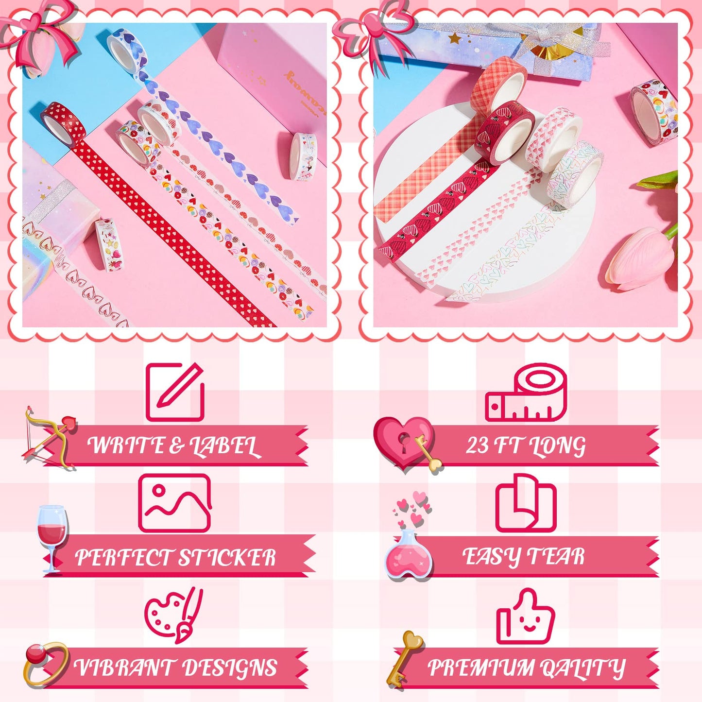 12 Rolls Valentine‘s Day Washi Tape Set 0.59 Inch by 23 Feet Decorative Washi Heart Tape Sweet Heart Masking Tapes Kawaii for Valentine Scrapbook Wedding Anniversary Decoration Party Supply