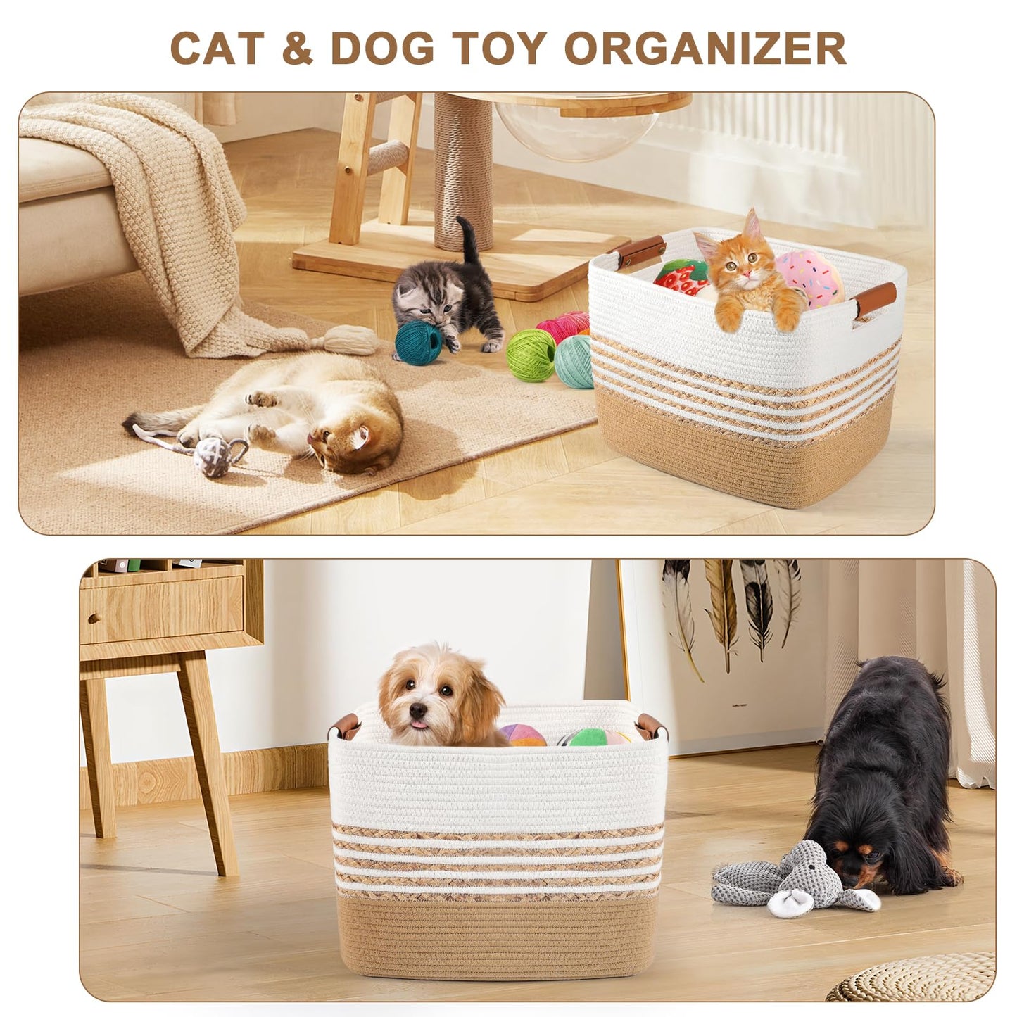 LWYMX Woven Baskets for Storage Gifting, 15.7"x11.8"x11.8" Cotton Rope Basket with Handles Gift Storage Basket for Organizing Bins, Nursery Toy Laundry Blanket Basket for Living Room Closet Shelves