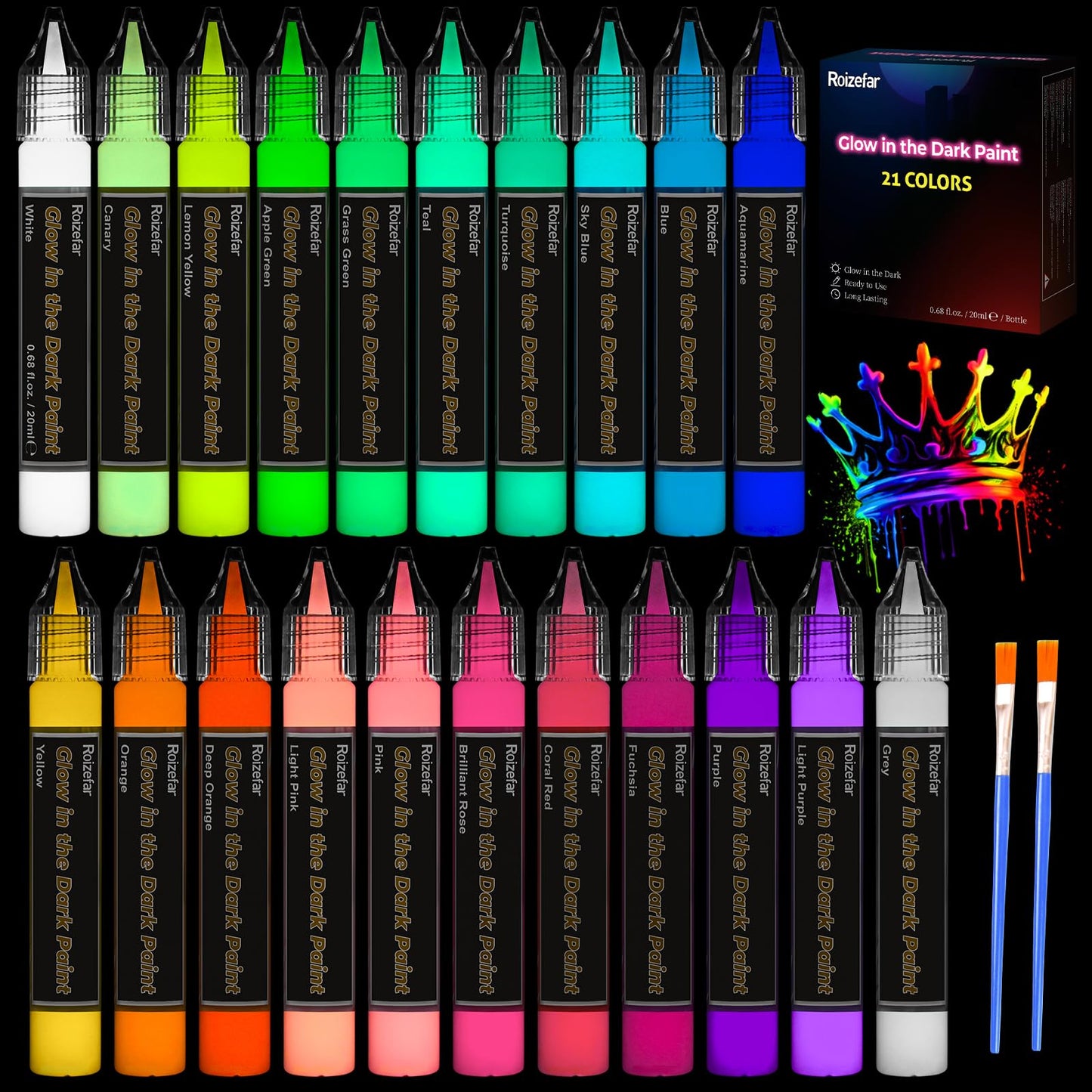 Roizefar Glow in the Dark Paint, 21 Colors (20 ml /0.68 oz) 3D Permanent Acrylic Fabric Paints for Clothes, Neon Fabric Paint for Art Painting and Crafts