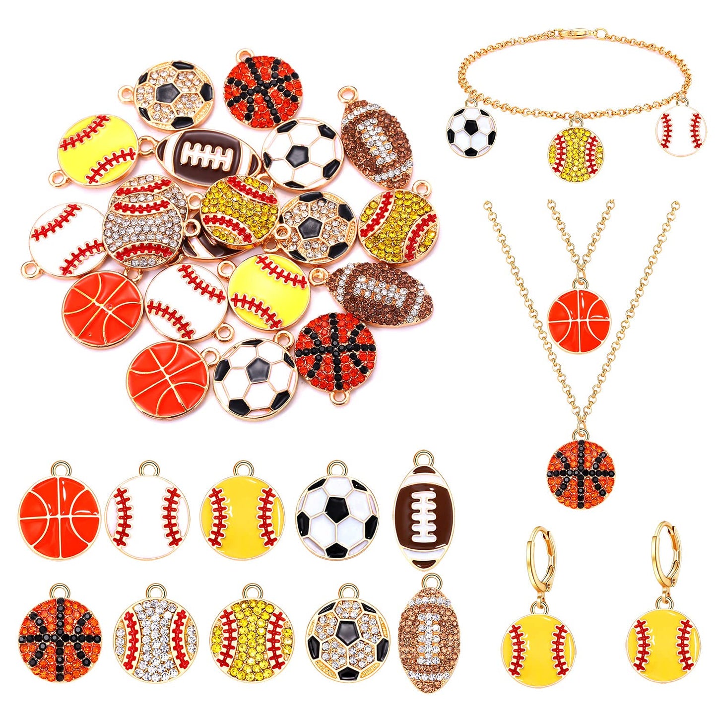 20PCS Sports Charms Enamel Basketball Baseball Pendant Charms for Jewelry Making Rhinestone Ball Game Softball Charms for Necklace Bracelet Earrings DIY Crafts (Set 1)