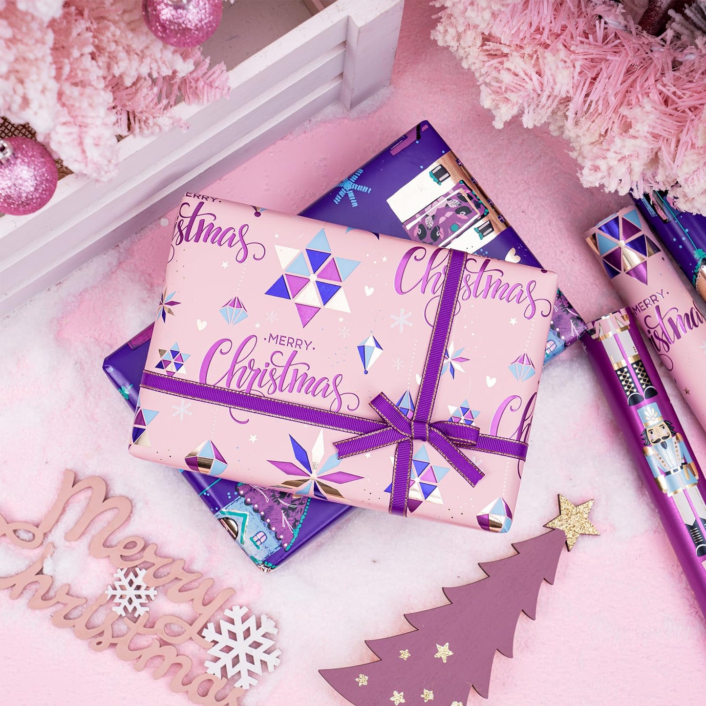 Christmas Wrapping Paper Roll - Mini Roll - 3 Rolls - 17 Inch X 120 Inch Per Roll - Pink and Purple Nutcracker, House Holiday Collection with Metallic Foil Shine