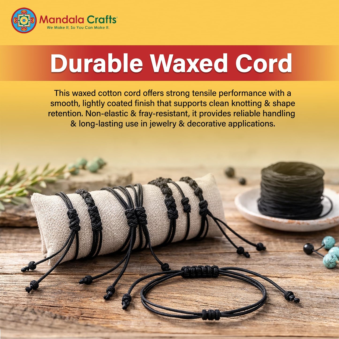 Mandala Crafts 2mm Black Cotton Waxed Cord for Jewelry Making, 109 Yards – Waxed Cotton String for Decorative Knotting and Accessory Assembly