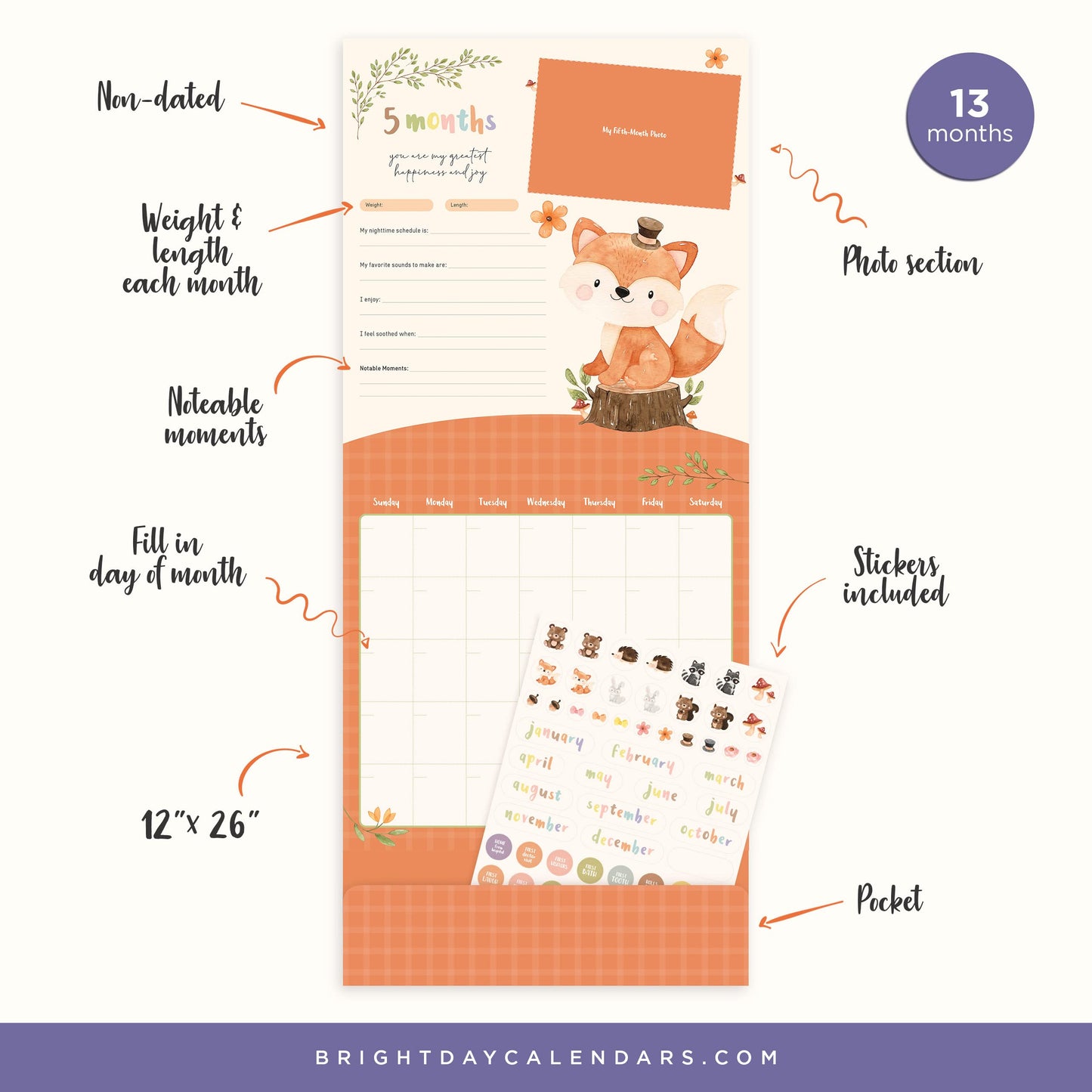 Baby's First Year Calendar by Bright Day - 1st Year Tracker - First Year Book - Journal Album to Capture Precious Moments - Milestone Keepsake for Baby Girl or Boy - Includes Stickers