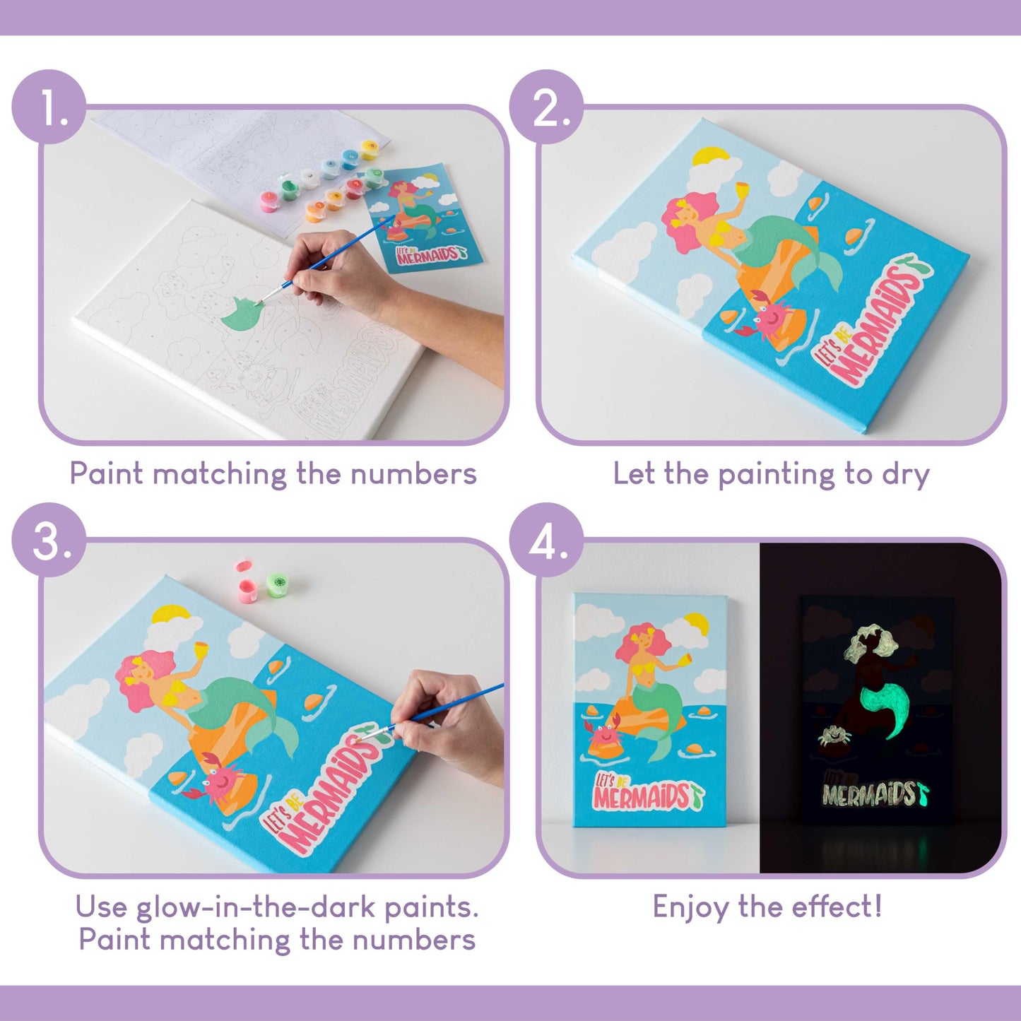 BONNYCO Paint by Numbers Kit for Kids Mermaid Pack 3 Canvas. Paint by Number Canvas Framed Pre Drawn, Mermaid Gifts for Girls Painting. Arts and Kids Crafts 4-6 8-12, Pintar por Numeros Niñas