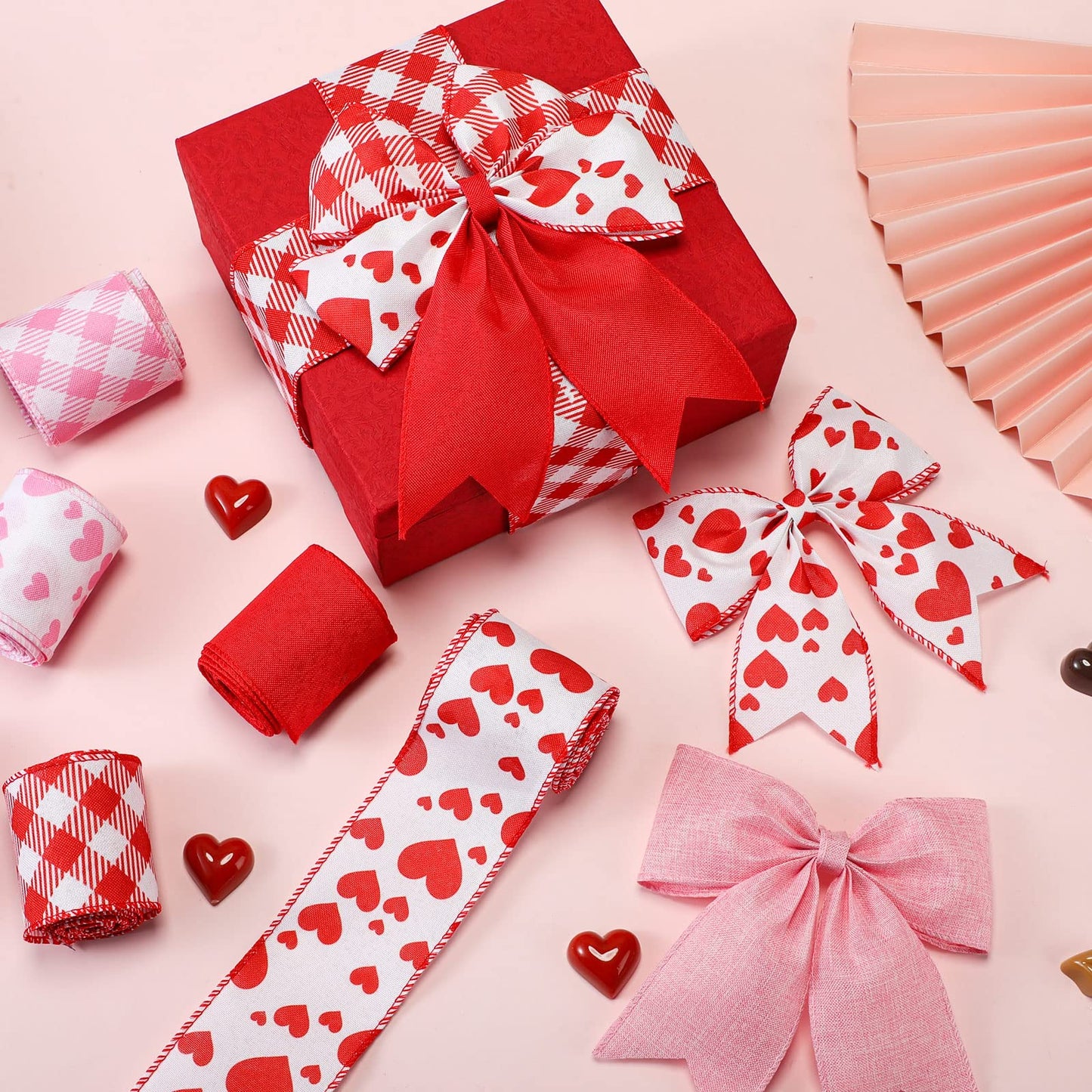 6 Rolls 30 Yards Valentine‘s Day Wired Ribbon 2.5 Inch Heart Printed Valentine Burlap Wired Ribbon Checkered Buffalo Plaid for Wreath Bow Craft Decor