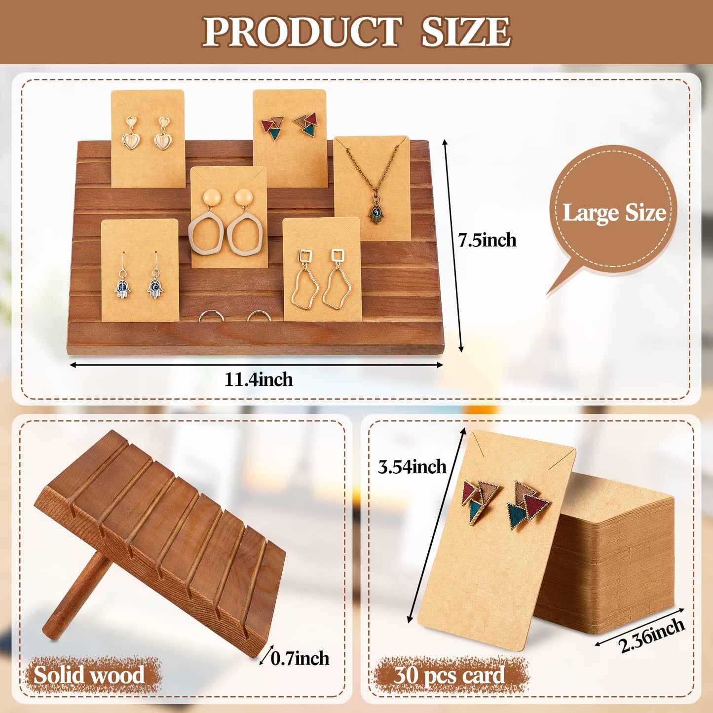 Blulu 31 Pack Wooden Earring Display Stand 7 Slots jewelry Display Holder with Earring Card for Selling Vendors Retail Show(Light Brown)