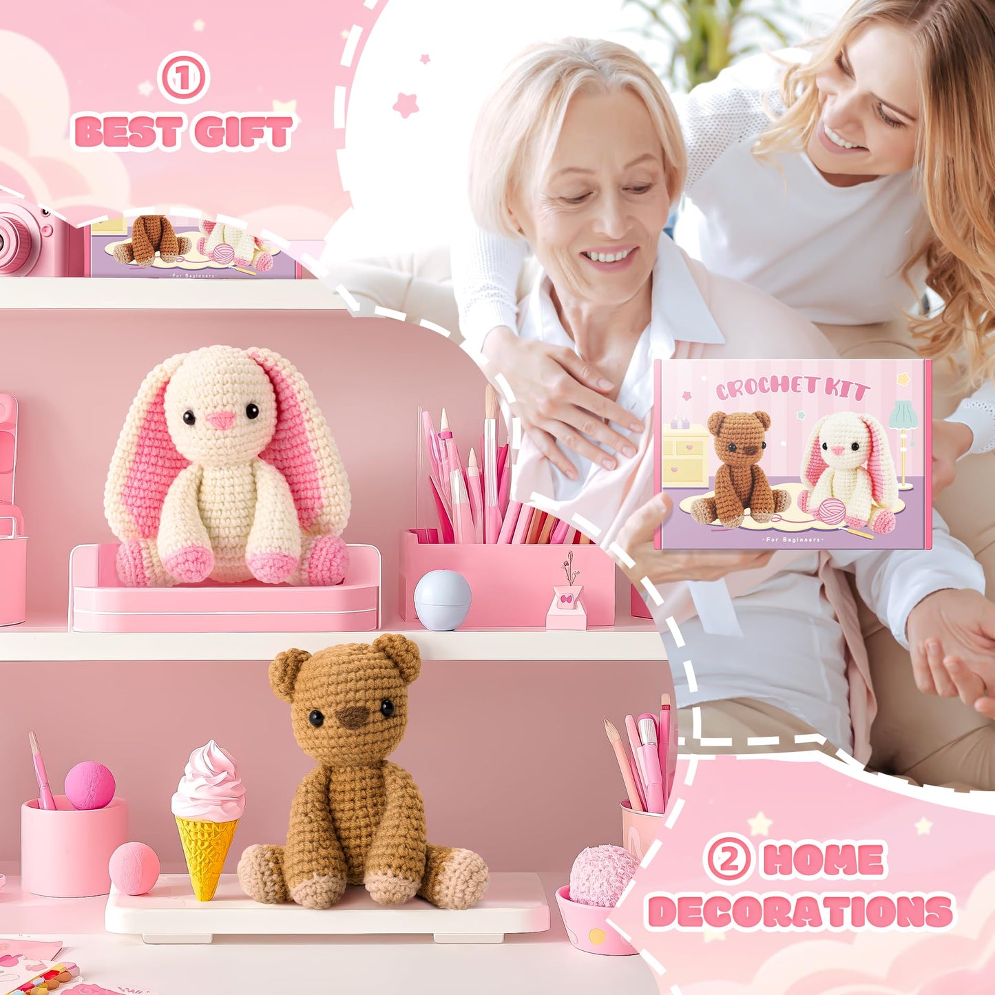 Easter Crochet Kit for Beginners, Bunny and Bear Crochet Kit with Step-by-Step Video Tutorials, Crocheting Kit for Starter, Beginner Crochet Kit for Adult, Stuffed Animal Knitting Kit for Birthday
