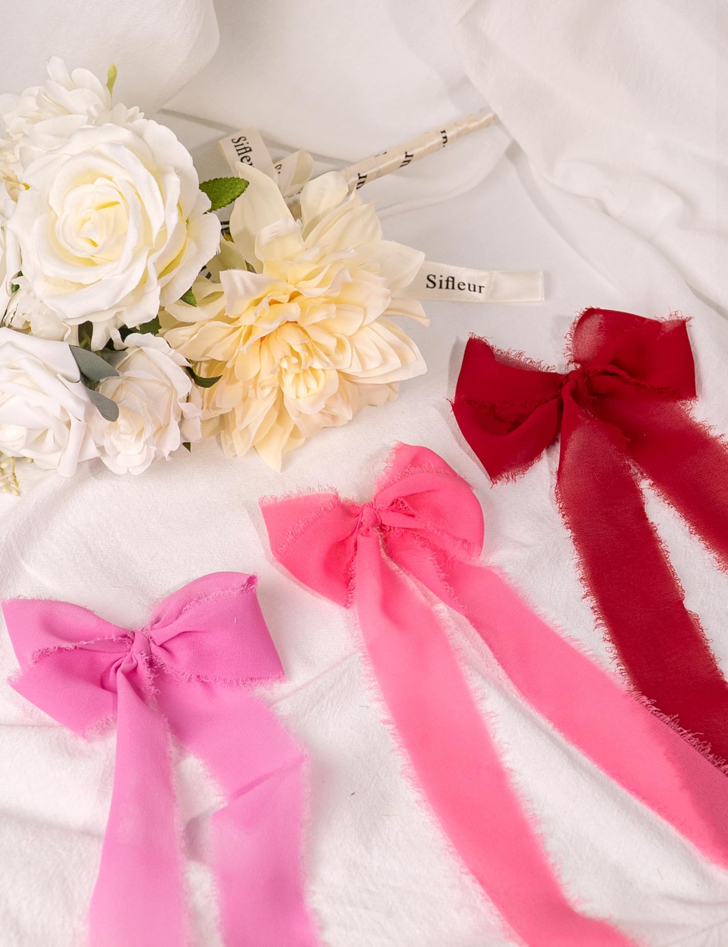 Chiffon Ribbon, Valentine's Day Party Decoration, 1.5''x21Yd Pink Red Frayed Fringe Handmade Silk Ribbons for Rose Floral Gift Wrapping, Wedding, Birthday, Engagement, Bridal Shower, 3 Rolls