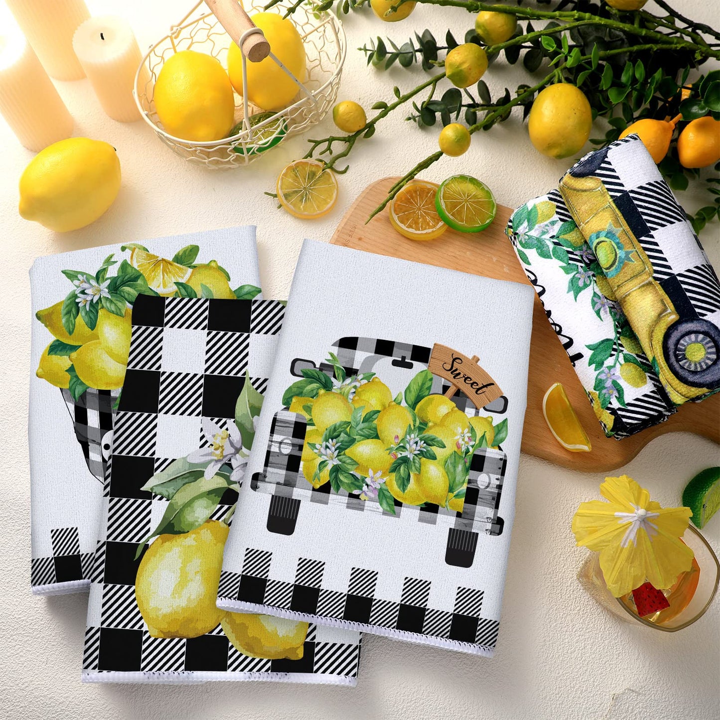 Redbaker 6 Pcs Lemon Kitchen Towels Lemonade Dish Towels with Sayings Decorative Hand Tea Dishcloths for Kitchen Decor with Hanging Loop for Housewarming Gift(Black White,Plaid Lemon)